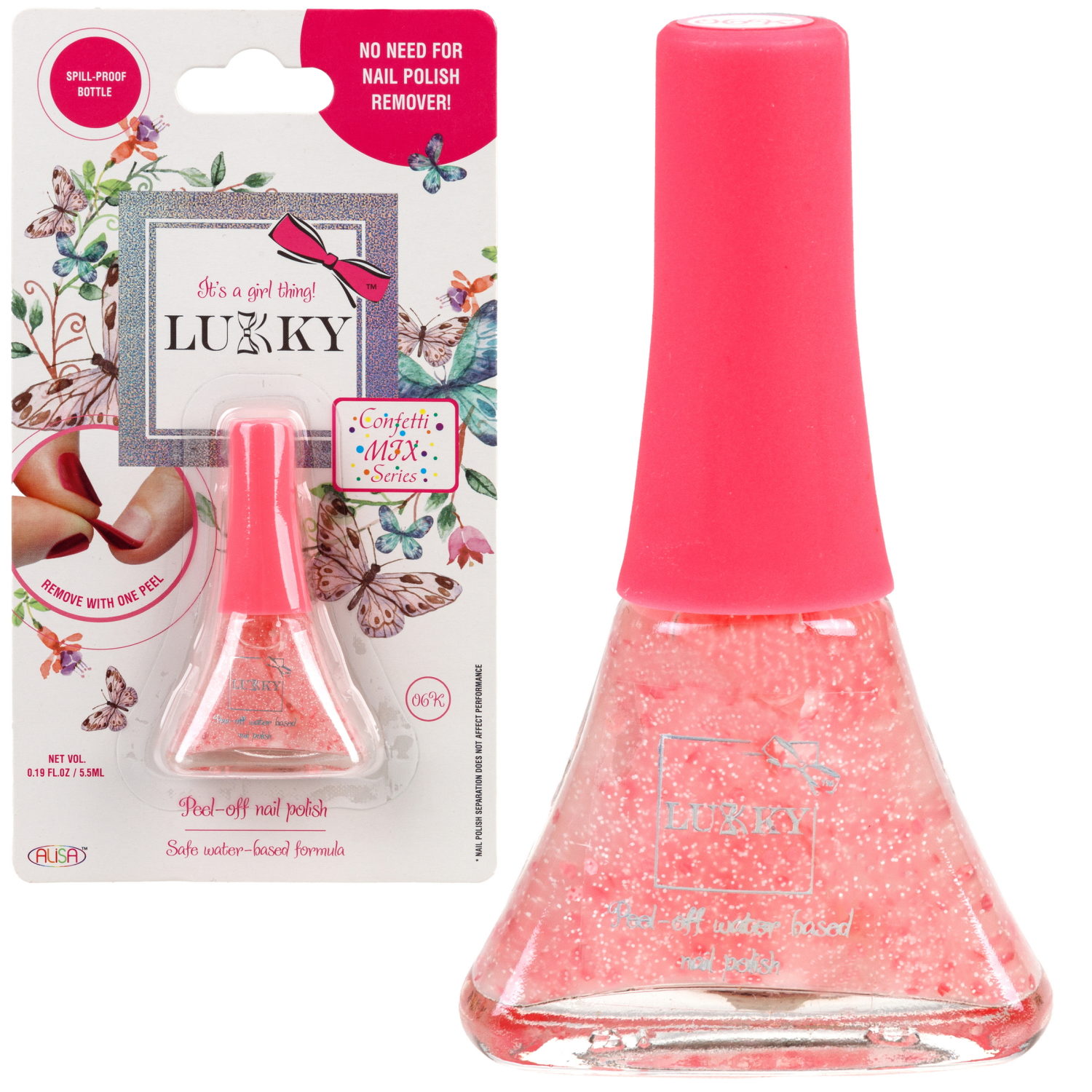 Детский лак для ногтей на водной основе с блестками Lukky, Конфетти-Микс, безопасный, бело-розовый мик с цветочками, блистер, 5,5 мл