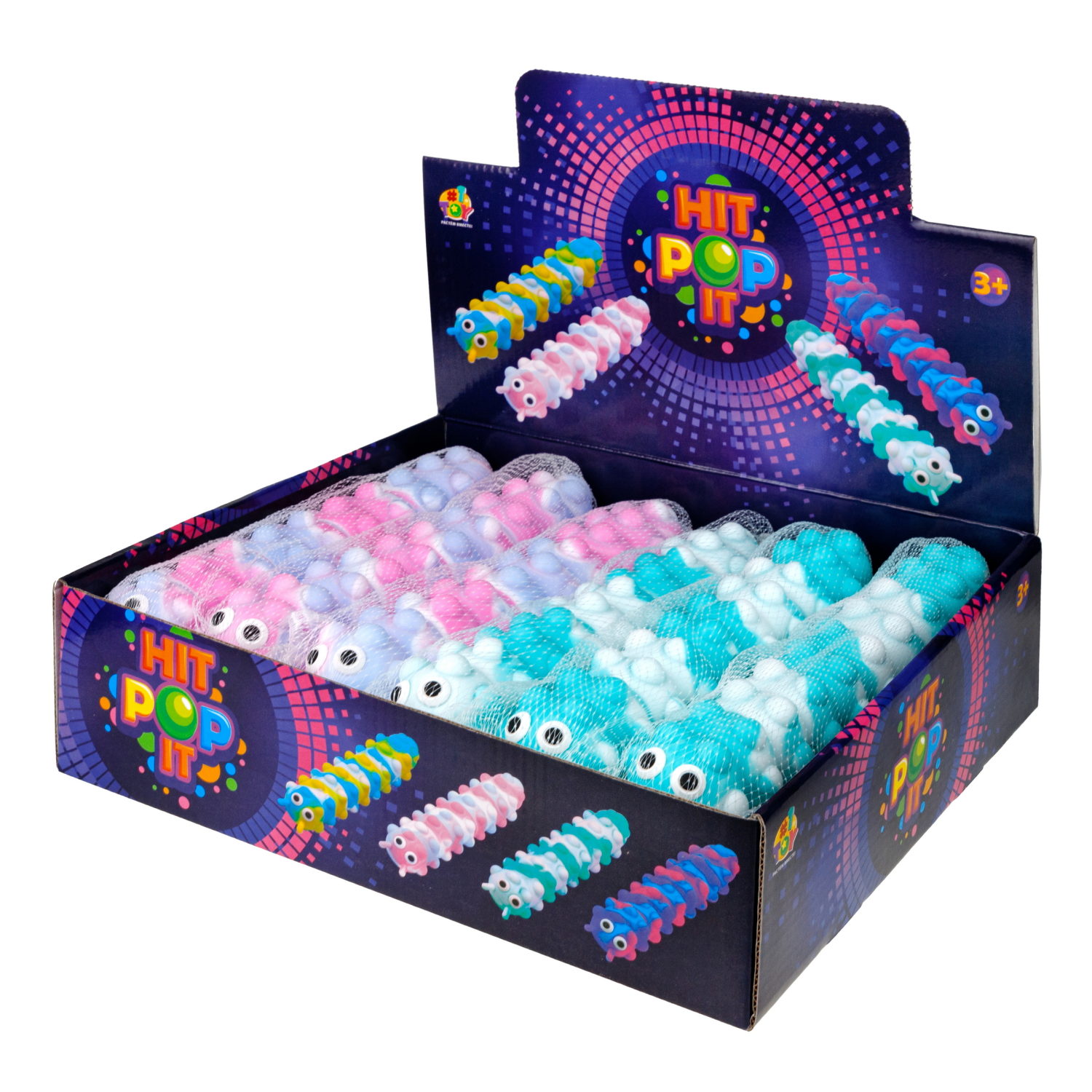 1toy Жмяка Hit Pop It "Гусеница" на присосках 26,5х4,8х3,8 см, 4 вида, 12 шт. в д/б