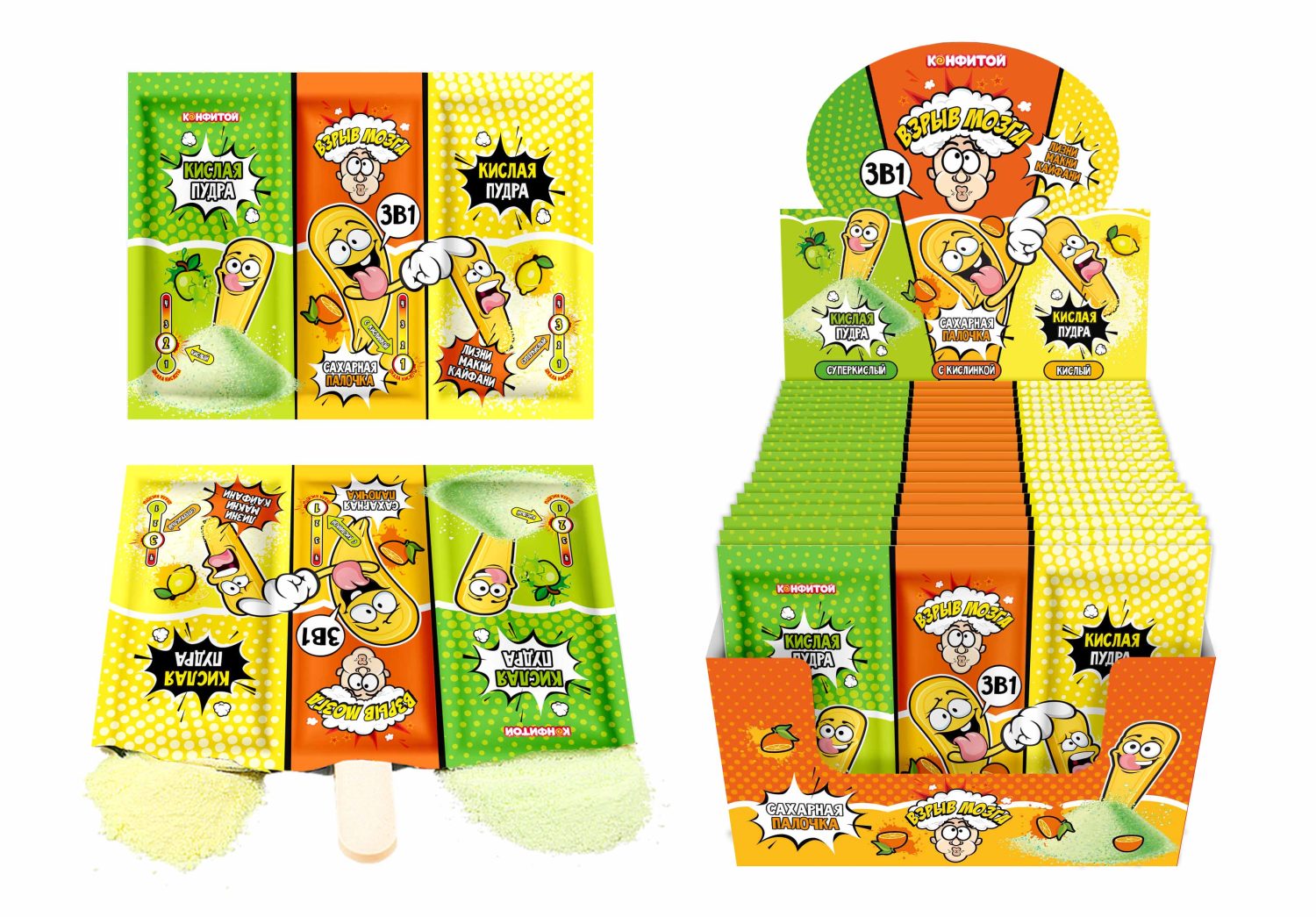 ВЗРЫВ МОЗГА 3 в 1, сахарная палочка с кислой пудрой, блок 24 шт. (18г х 24 х 18)