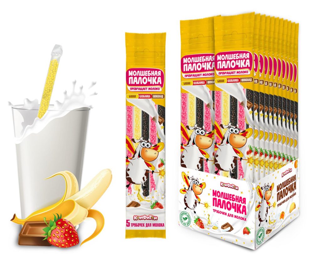 МОЛШЕБНАЯ ПАЛОЧКА трубочки для молока 5шт. (банан, клубника, шоколад), блок 24 шт. (30г x 24 x 6)