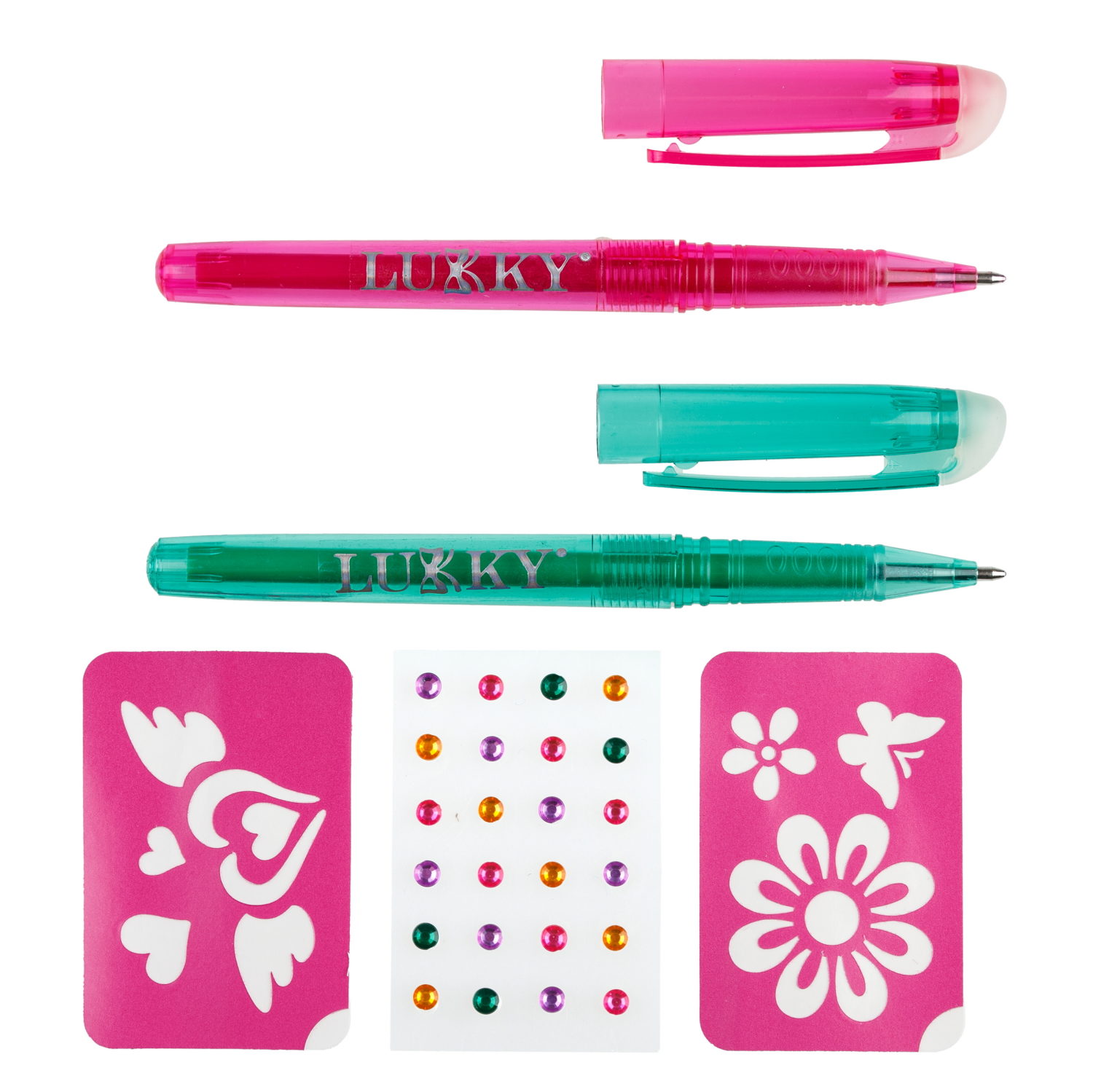 Lukky"Дизайнер-Сет"#5 набор для боди-арта с 2 тату ручками,трафаретами,стразами для лица и тела, цвет изумрудный, малиновый, блистер