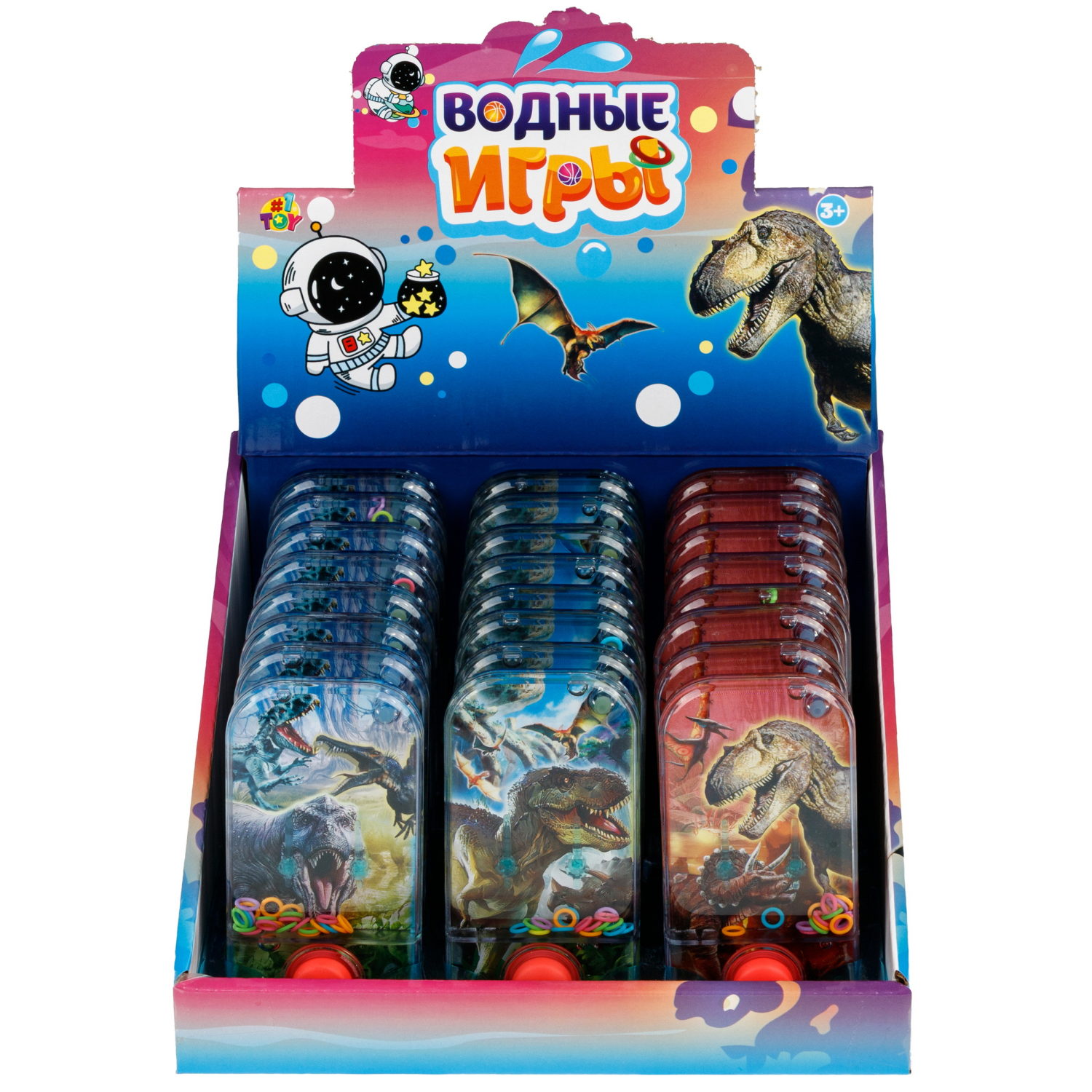 Водный тетрис 1TOY Игра с водой Насади колечки Тиранозавры,  6х11,5х2 см, 3 вида