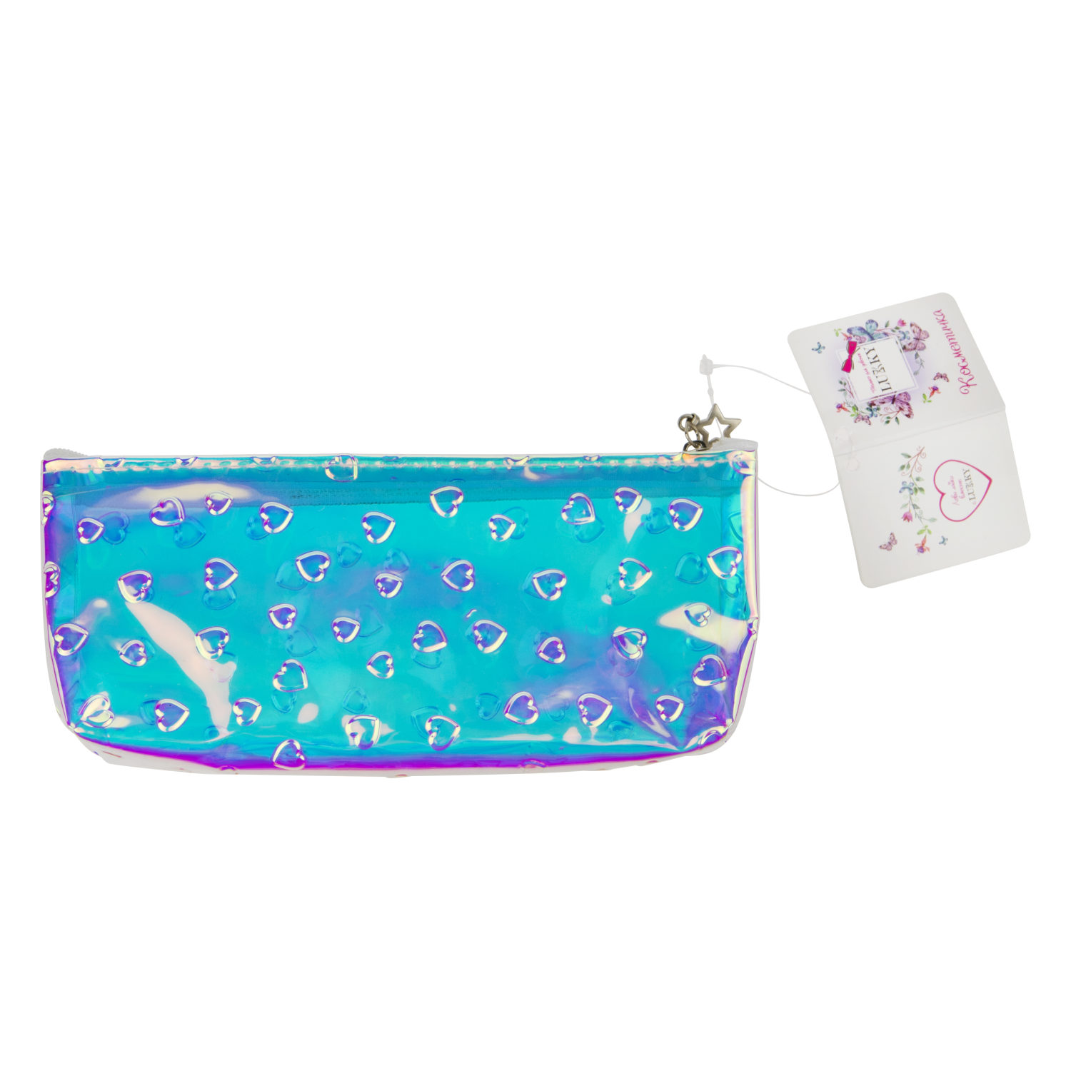 Пенал школьный, косметичка LUKKY для девочек, девушек, голографическая, с объемными сердечками, 19х8 см