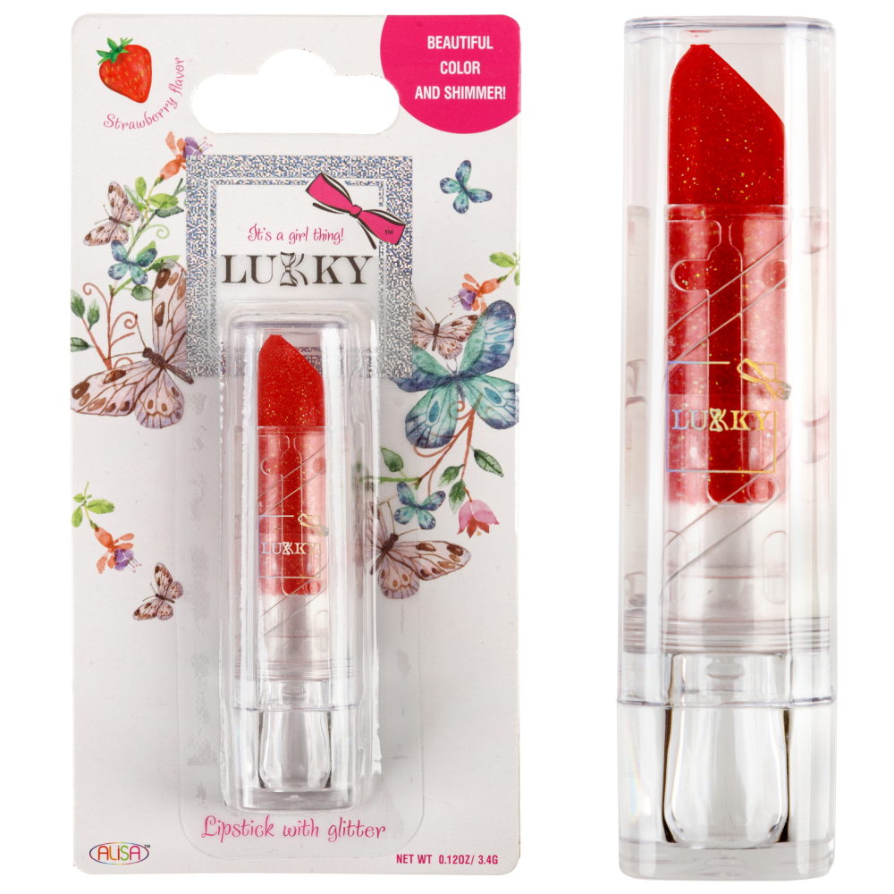 Помада для губ LUKKY с блёстками, с ароматом клубники, красный
