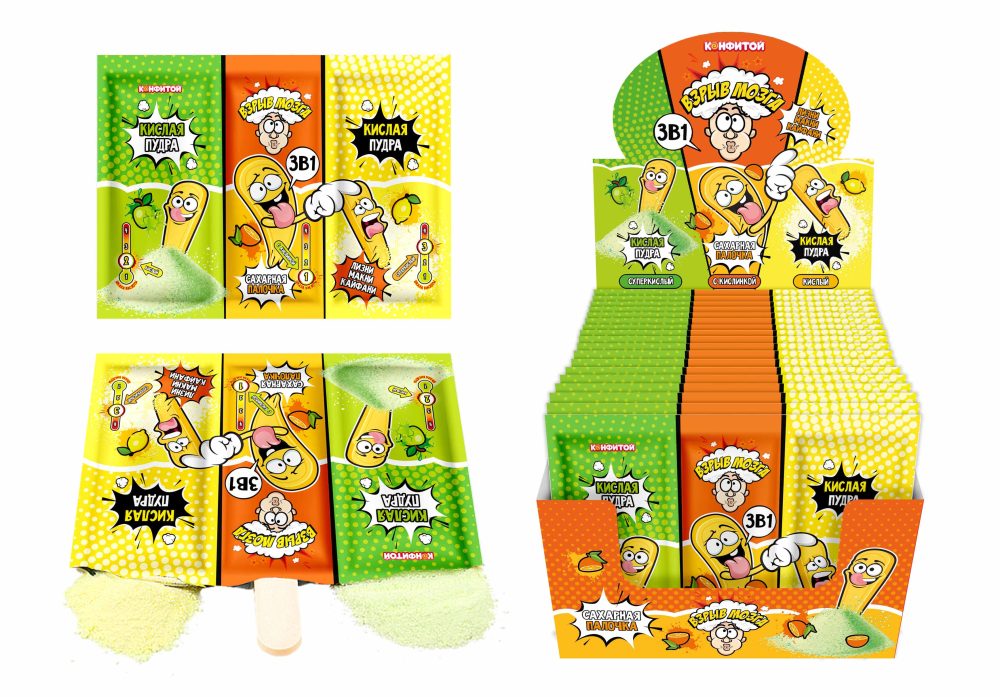 ВЗРЫВ МОЗГА 3 в 1, сахарная палочка с кислой пудрой, блок 24 шт. (18г х 24 х 18)