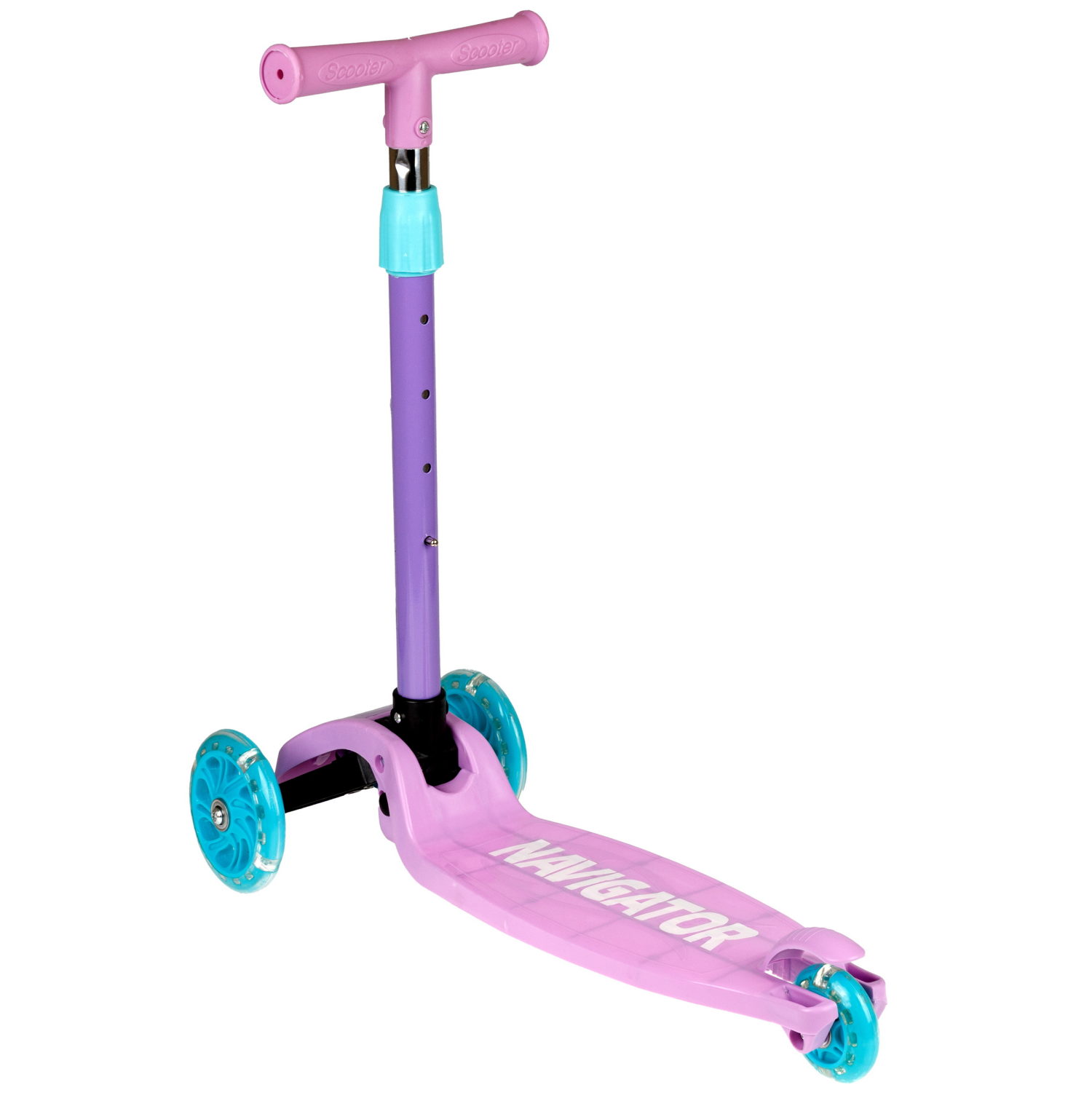 Самокат Navigator, упр.накл, PVC светящ. кол.2х110мм/80мм, складной, высота руля 58-72см, дека 36*12см, пласт ручки, пакет, розовый