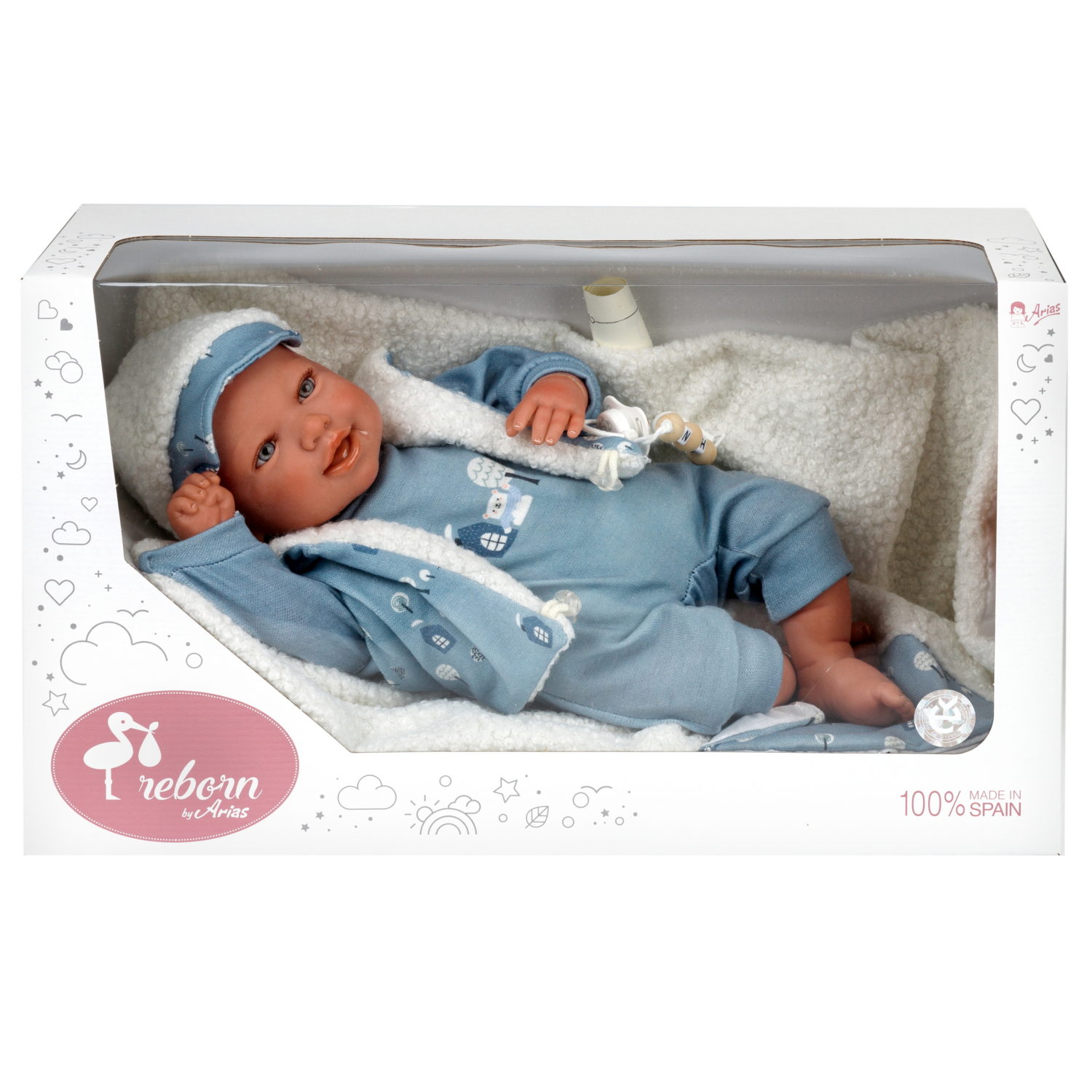 Arias Reborn Bruno новорожденный пупс мягкий 45 см., в голубой одежде, с соской, с одеялом,кор.