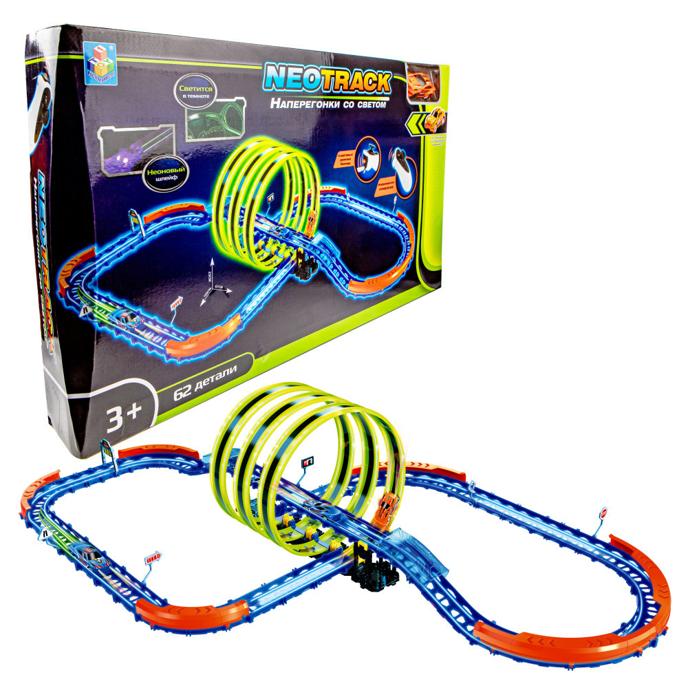 Гоночный автотрек с машинкой на пульте управления 1TOY Neotrack, дорога автомобильная, трасса, гибкий трек светящийся, 62 детали