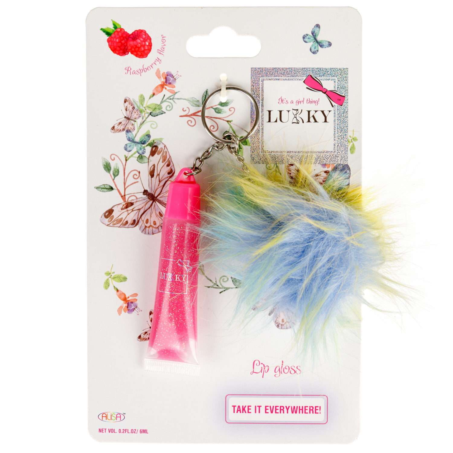 Блеск для губ LUKKY малиновый с блестками, розовый  6мл.+брелок