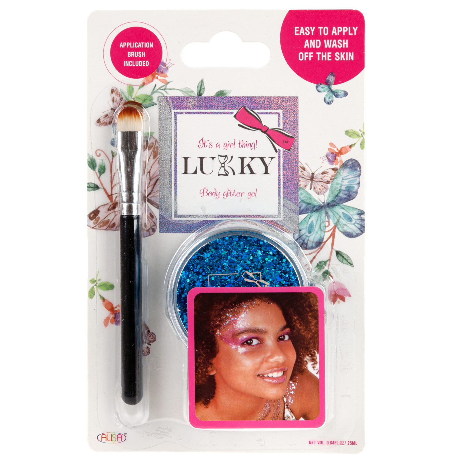 Гель-глиттер для лица, тела, волос LUKKY, блестки синие, в наборе с кисточкой для макияжа