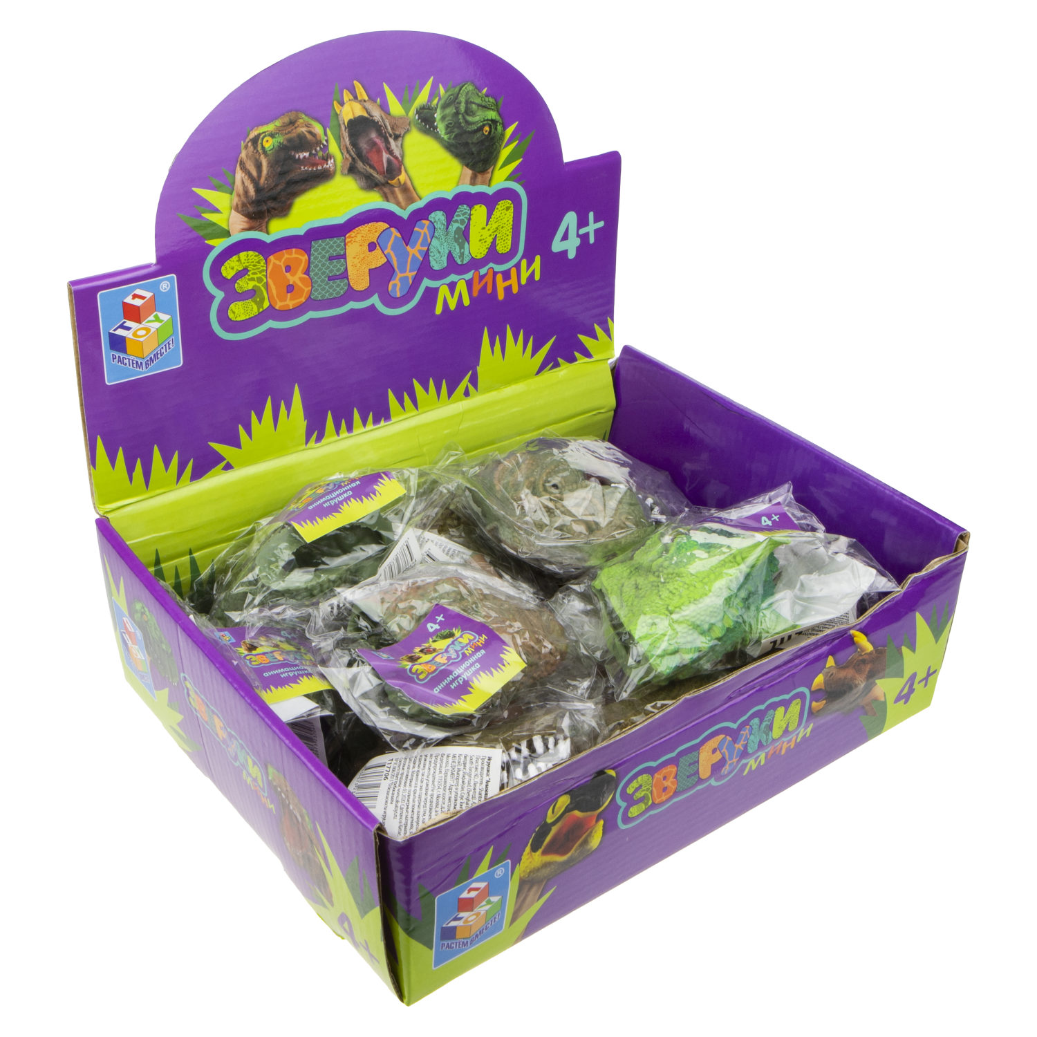 1toy "Зверуки" мини динозавр на руку, 8см, 6 видов, 12 шт в д/б