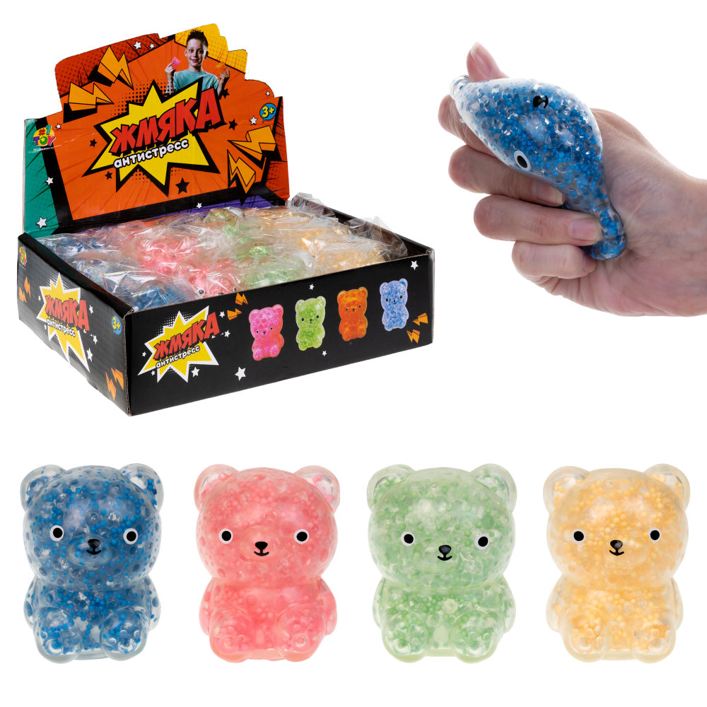1toy Жмяка, "Медвежонок" с мелкими шариками 6х4,5х5 см, 4 вида в ассортименте