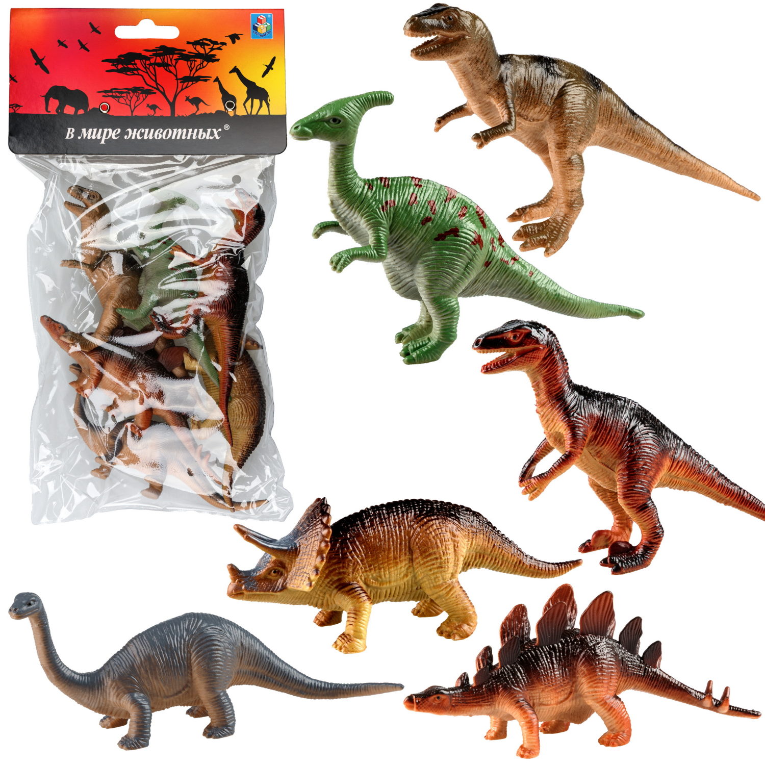 Игровой набор 1TOY "В мире животных", фигурки динозавров: тираннозавр рекс, брахиозавр, стегозавр, птеранодон, трицератопс, велоцираптор, 6 шт., 10 см