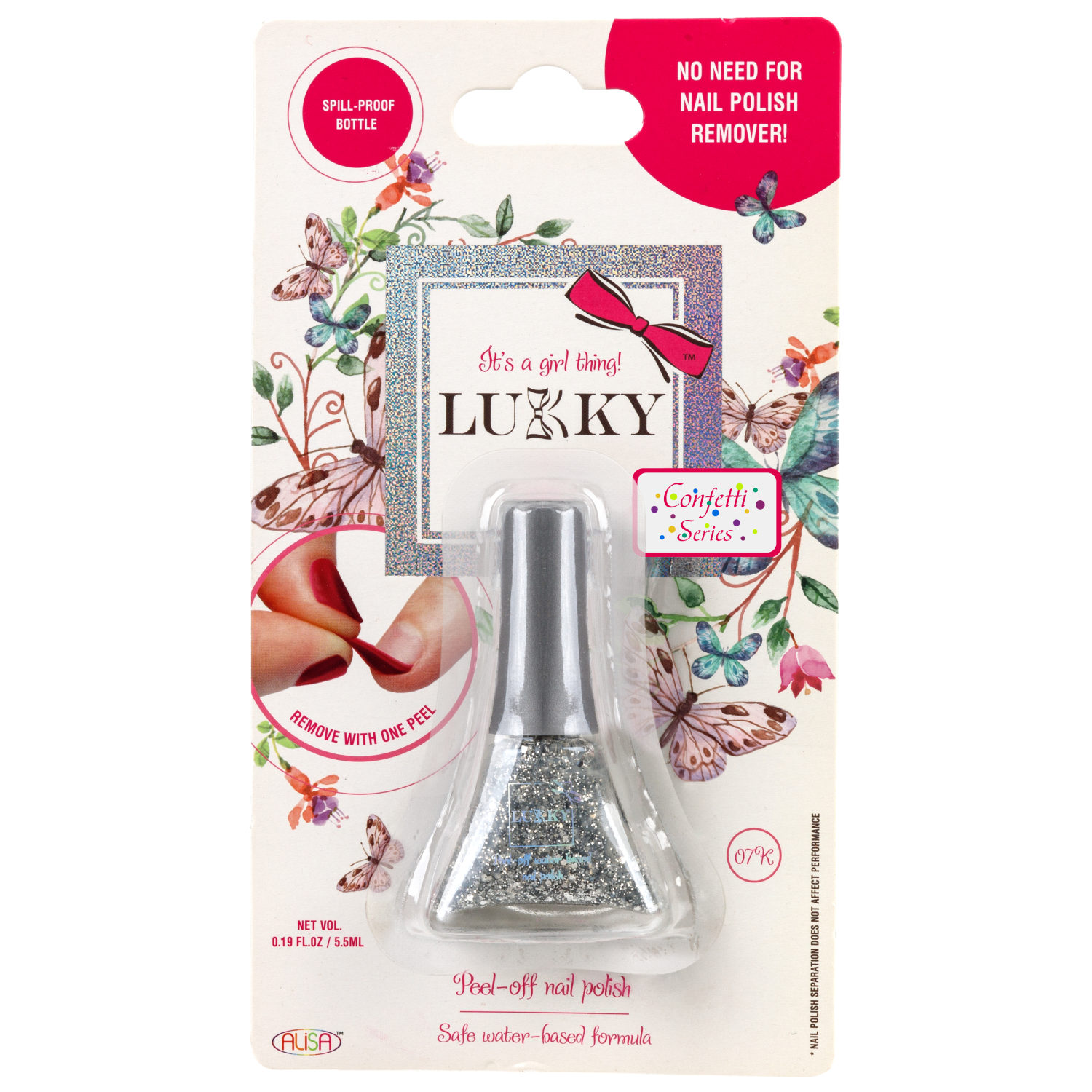 Детский лак для ногтей на водной основе с блестками Lukky, Конфетти, безопасный, цвет 07К, серебряный, блистер, 5,5 мл