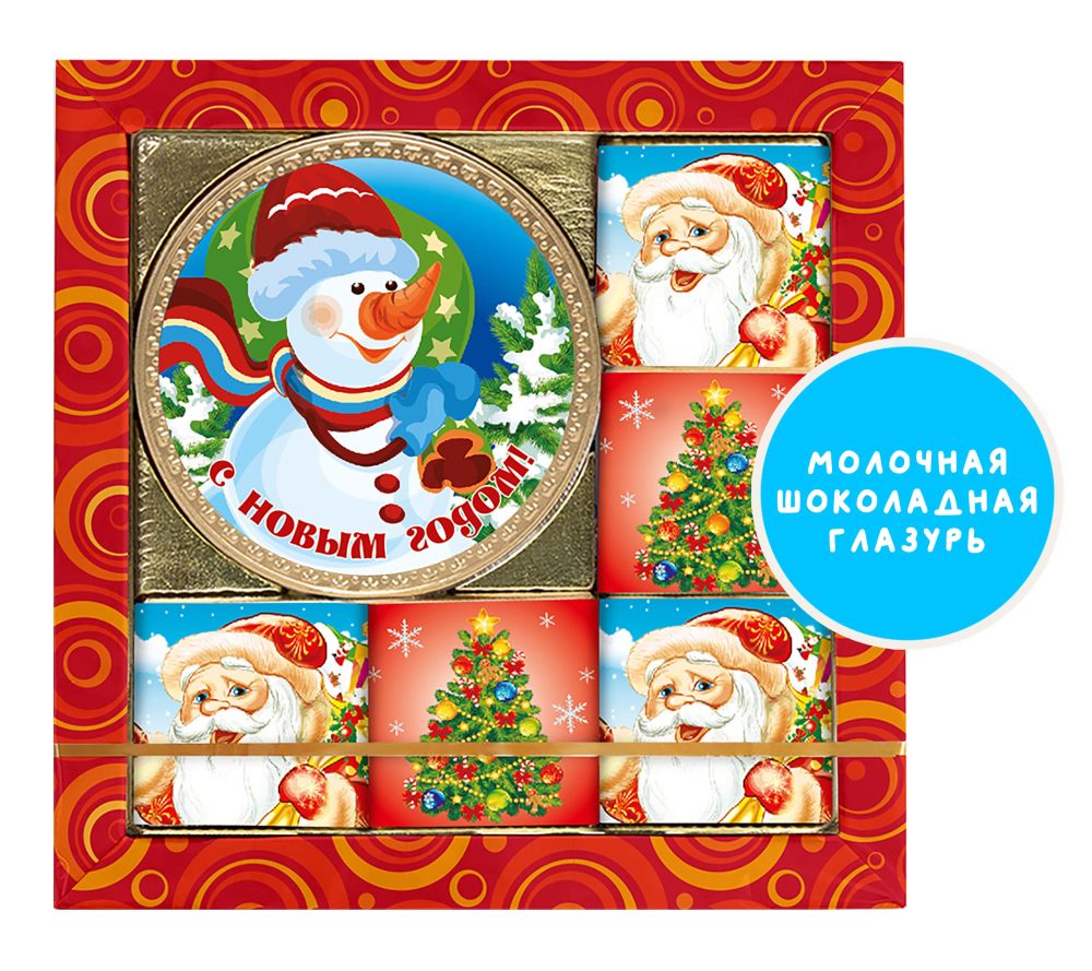 НОВОГОДНИЙ НАБОР из медали 25 г и 5-ти шоколадок (молочная шоколадная глазурь), блок 1 шт. (50г х 36)
