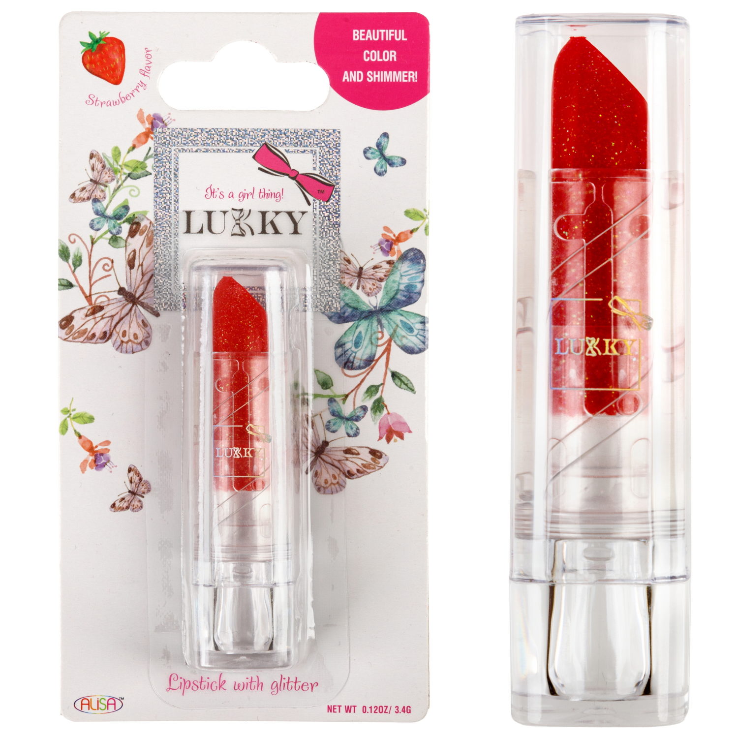 Помада для губ LUKKY с блёстками, с ароматом клубники, красный