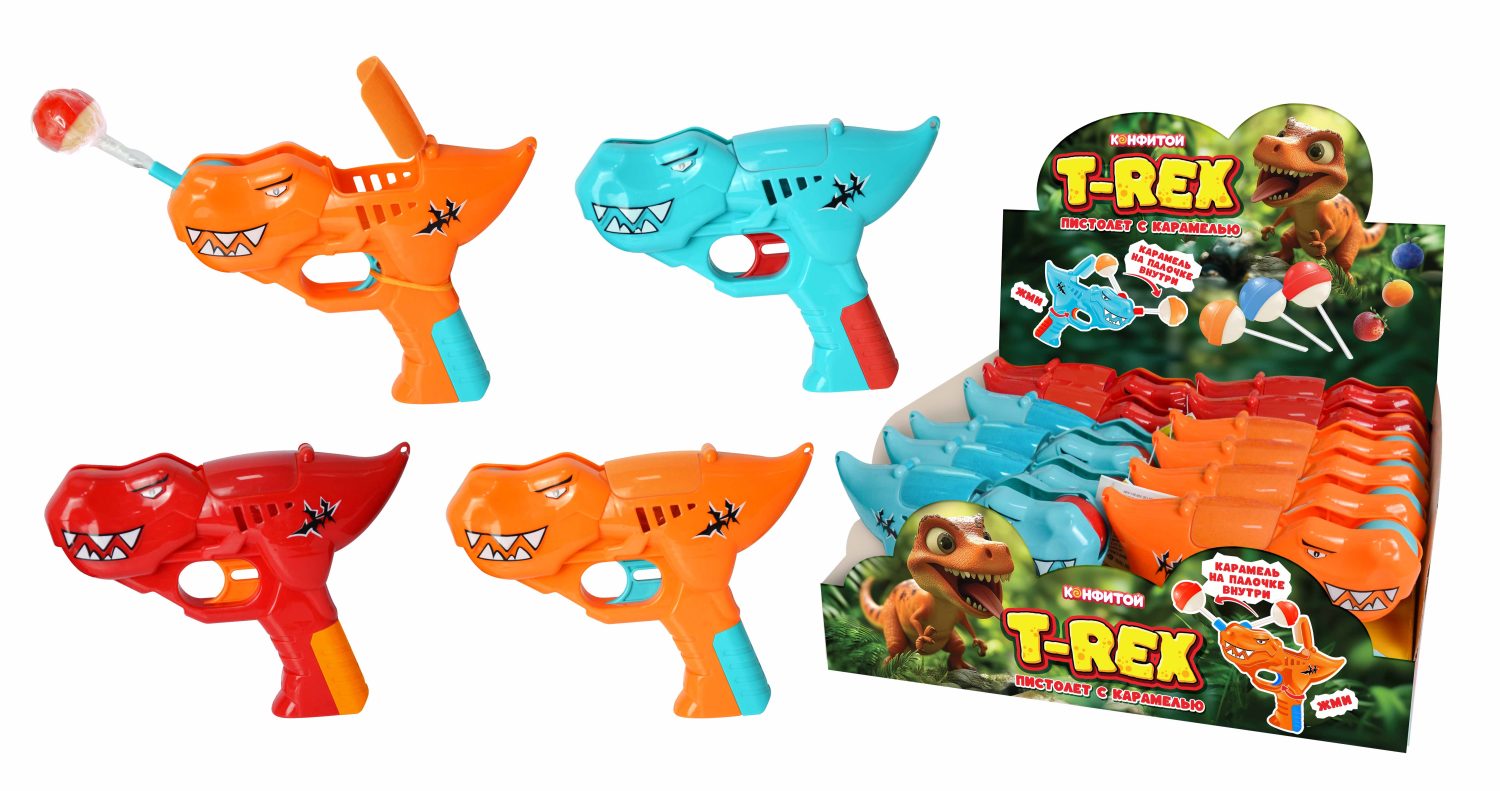 T-REX пистолет с карамелью на палочке, блок 12 шт. (10г х 12 х 8)