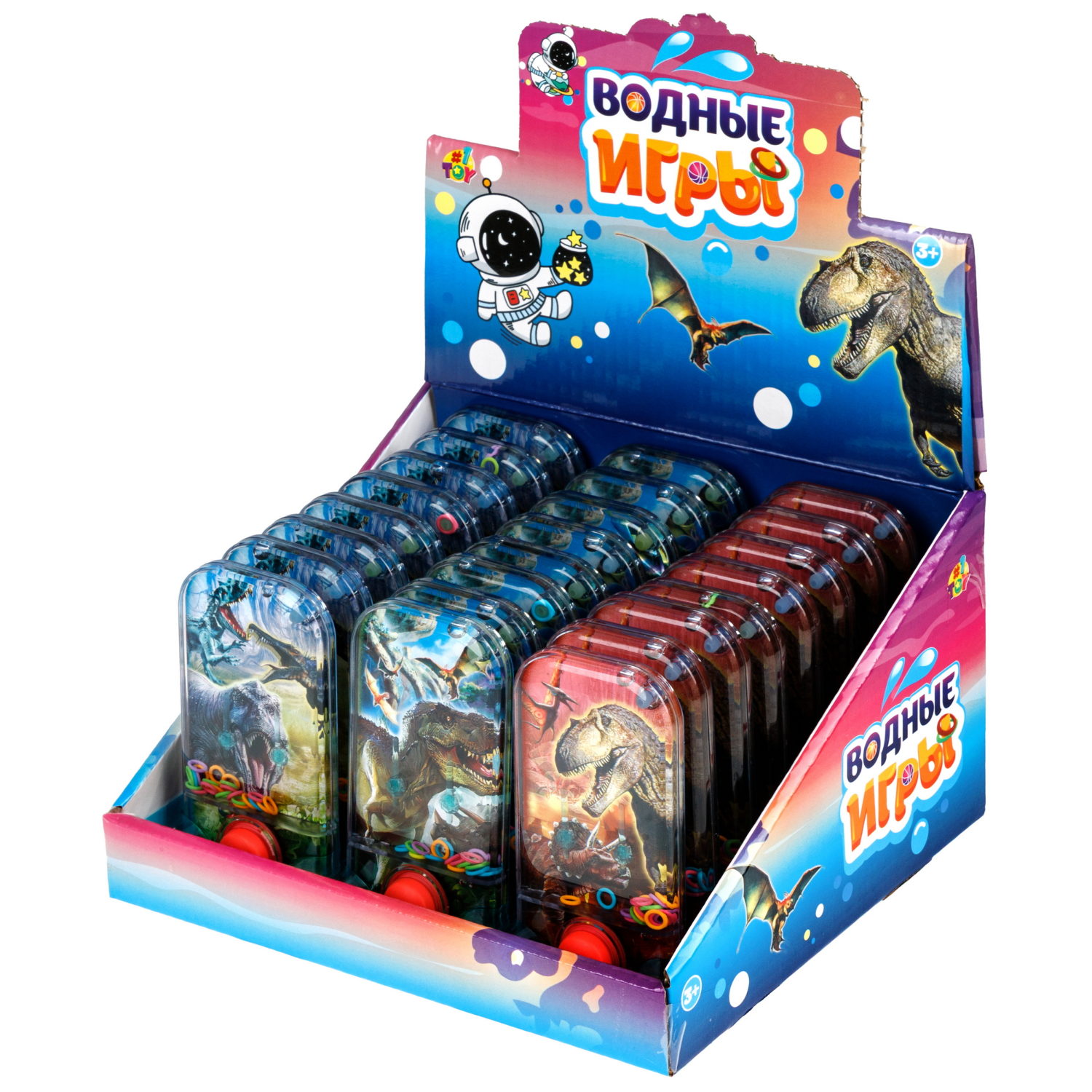 Водный тетрис 1TOY Игра с водой Насади колечки Тиранозавры,  6х11,5х2 см, 3 вида