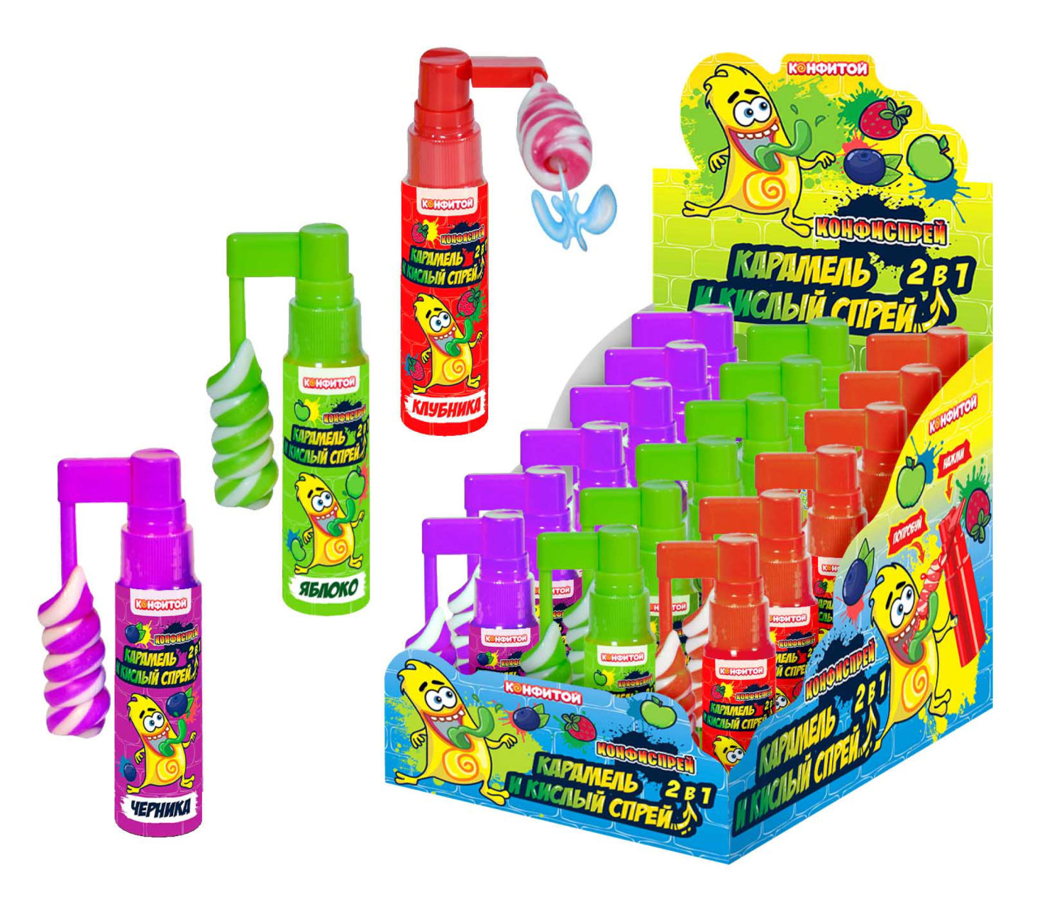 КОНФИСПРЕЙ 2 в 1 карамель и кислый спрей, блок 18 шт. (25г х 18 х 8)