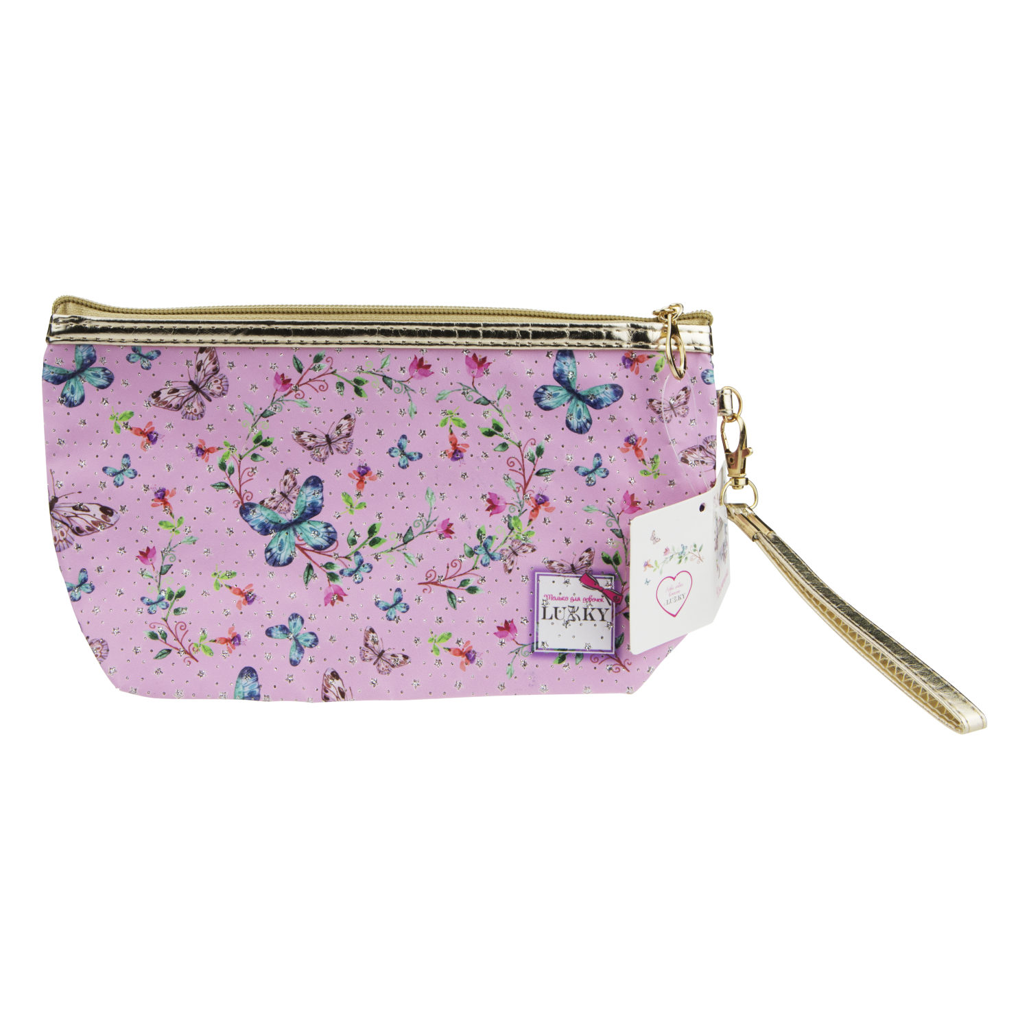Косметичка LUKKY розовая с принтом и блёстками, 24х7 см