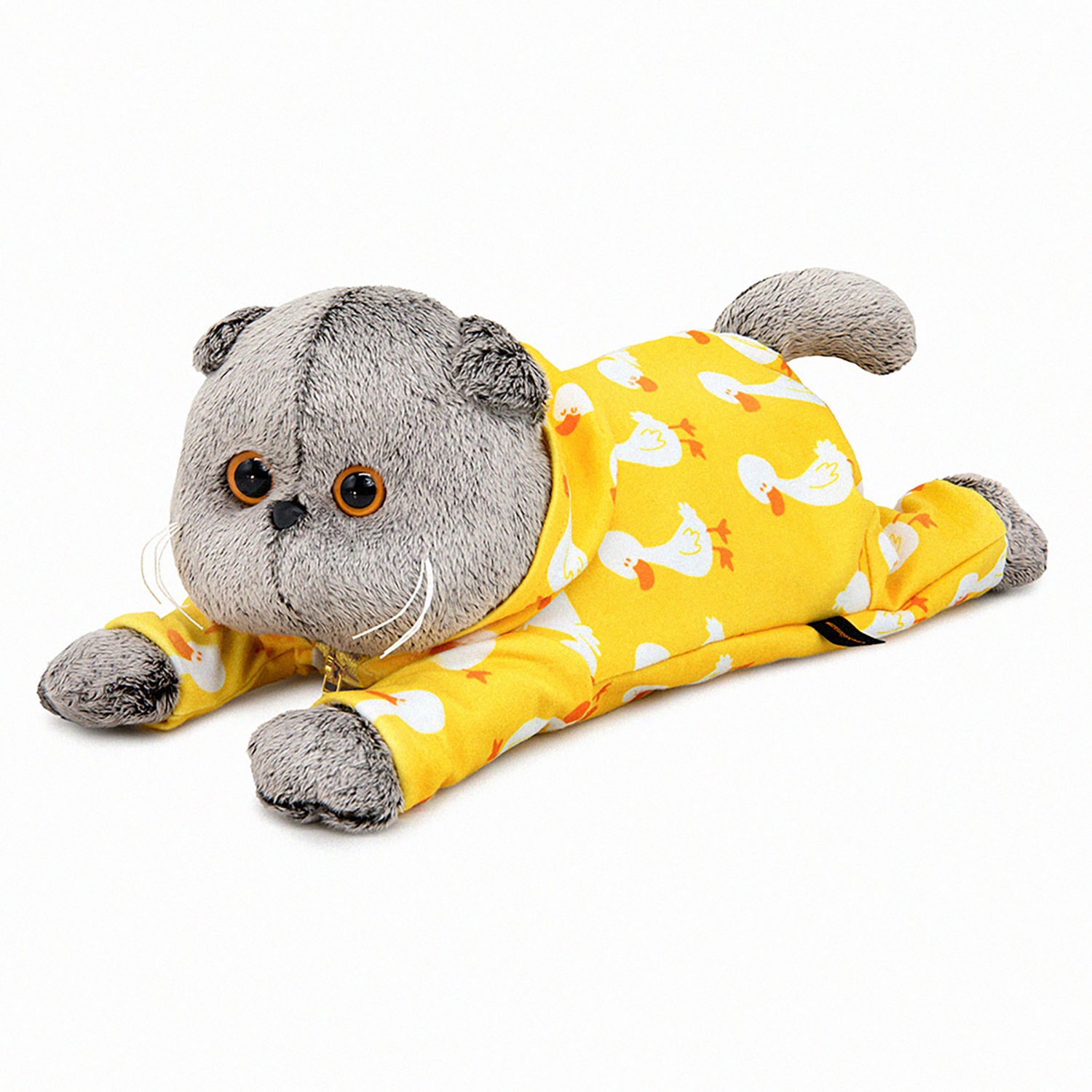 Мягкая игрушка Кот Басик в комбинезоне с принтом "Гусик" (лежачий), 25 см