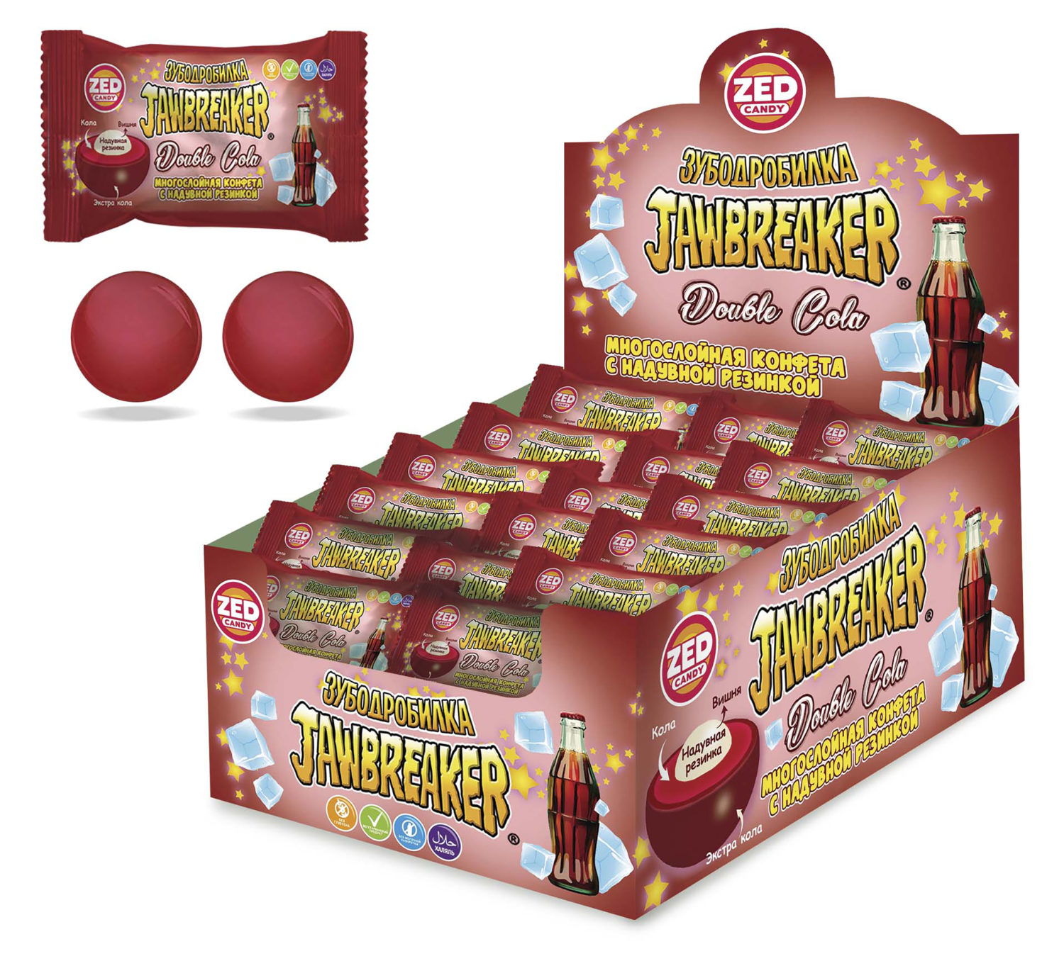 ЗУБОДРОБИЛКА Double Cola многослойная конфета с надувной резинкой, блок 50 шт. (14,6г х 50 х 8) штучный