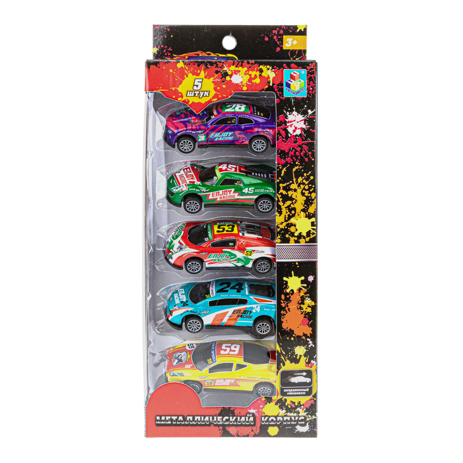 Набор металлических машинок 1TOY Драйв, инерционные, гоночные, маленькие, 7 см, 5 шт.