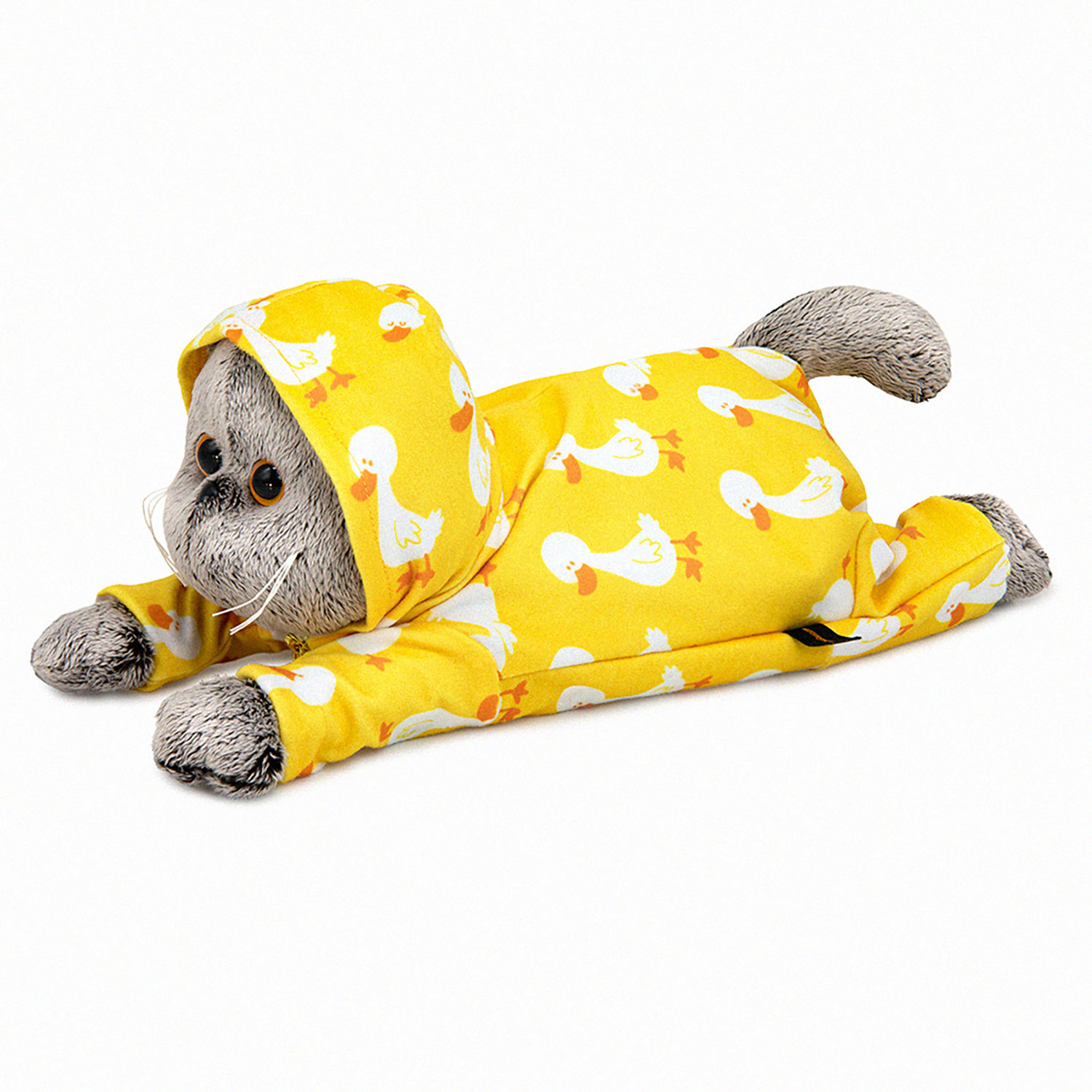 Мягкая игрушка Кот Басик в комбинезоне с принтом "Гусик" (лежачий), 25 см