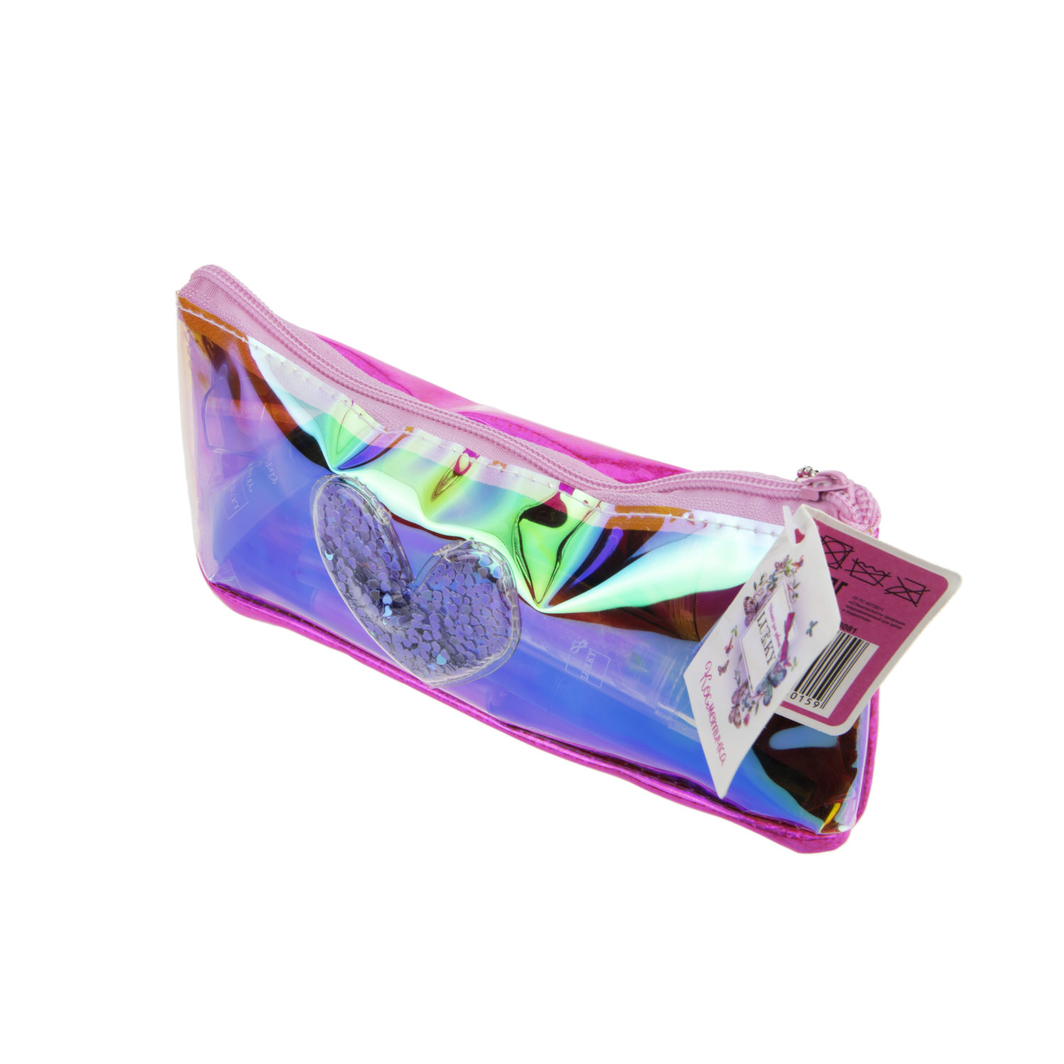 Пенал школьный, косметичка LUKKY для девочек, девушек, голографическая, с аппликацией сердца, 21х10 см