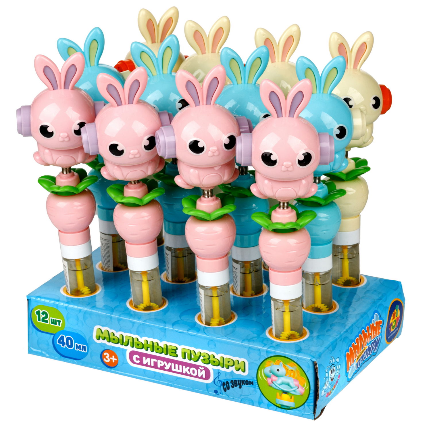 Мыльные пузыри с игрушкой-качалкой 1TOY Мы-шарики! Заяц, 40 мл, 3 цвета в ассортименте