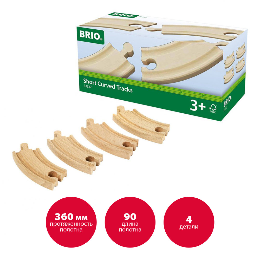 Рельсы для деревянной железной дороги BRIO закругленные, 9 см, 4 шт.