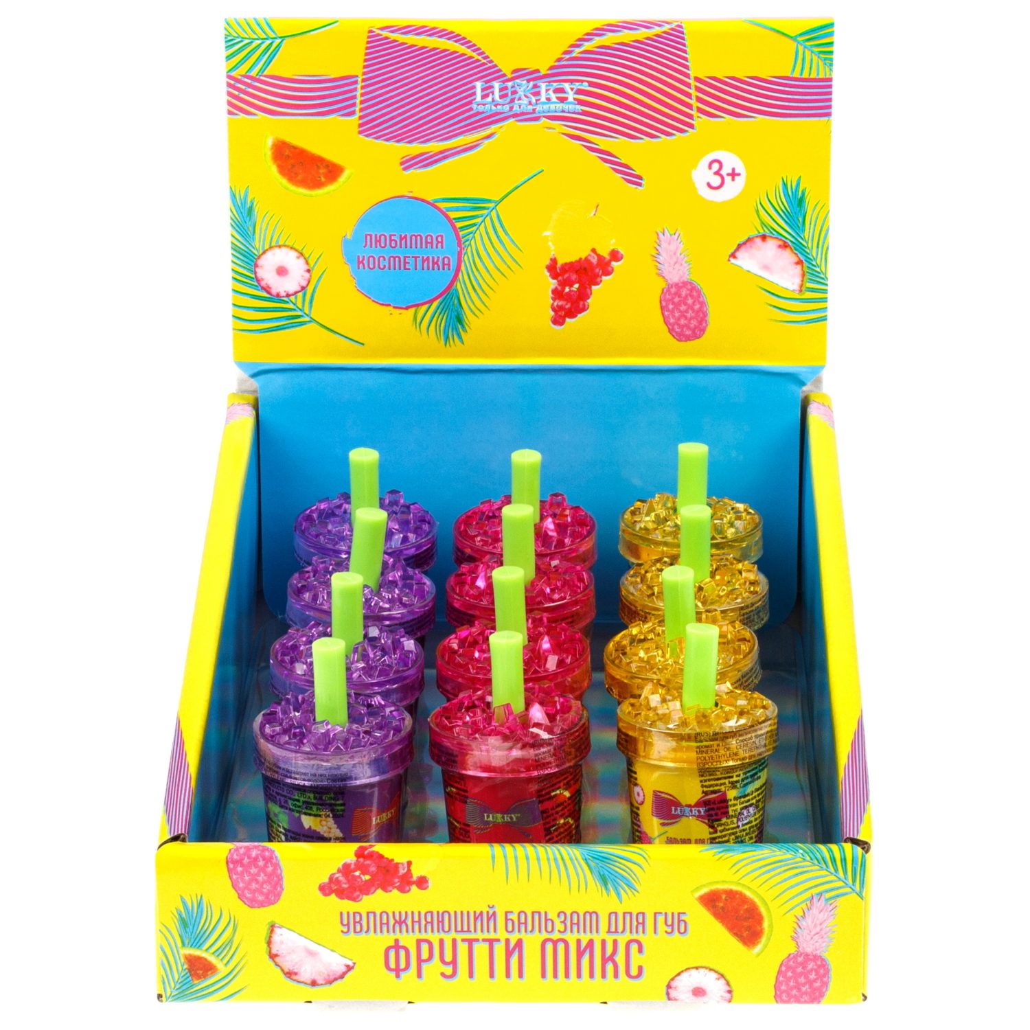 Lukky Фрутти Микс,бальзам д.губ увлажняющий,3,8г,12 шт дисплей бокс, 3 цвета в ассортименте