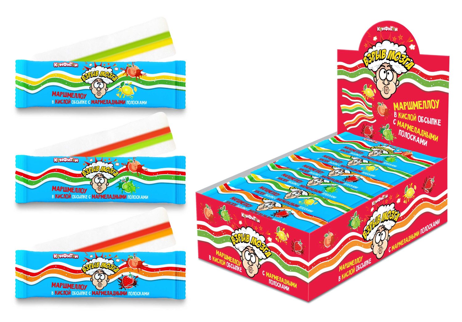 ВЗРЫВ МОЗГА кислая ленточка маршмеллоу с полосками мармелада, блок 30 шт. (10г х 30 х 20)