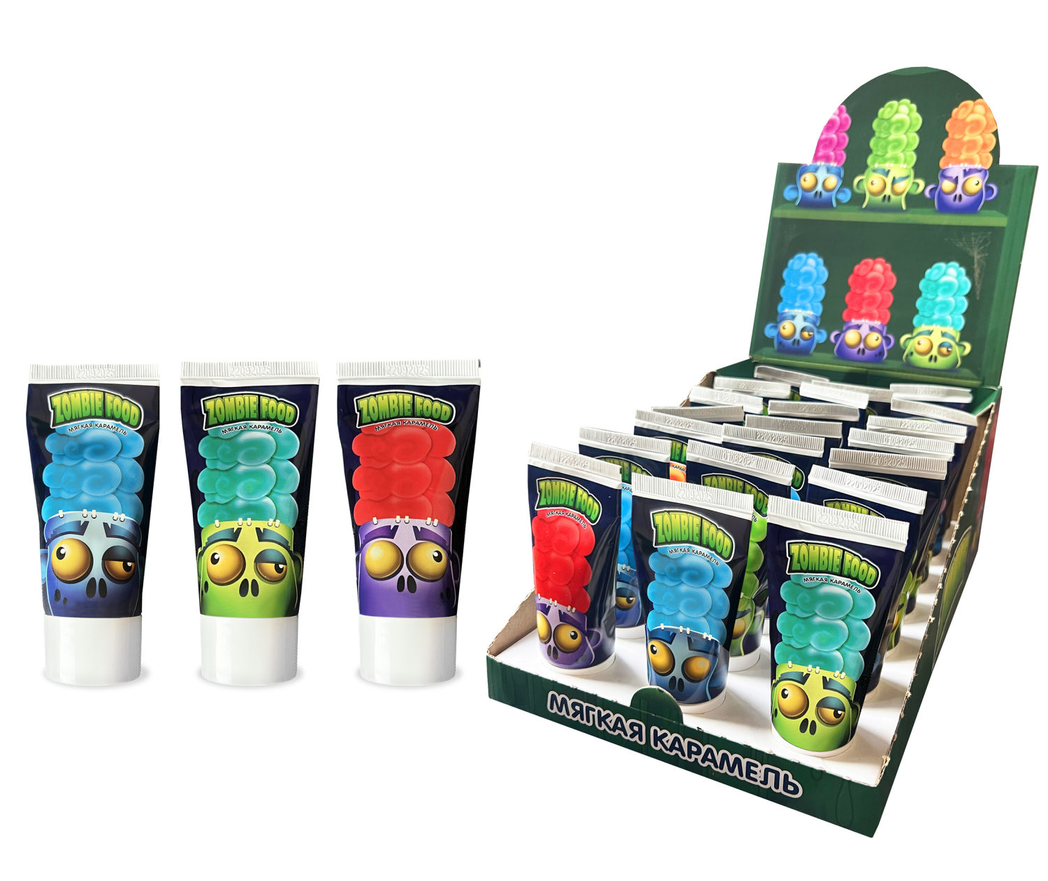 ZOMBIE FOOD Мягкая карамель, три вкуса в дисплее: кола, мохито, зомби, блок 21 шт. (75г х 21 х 2)