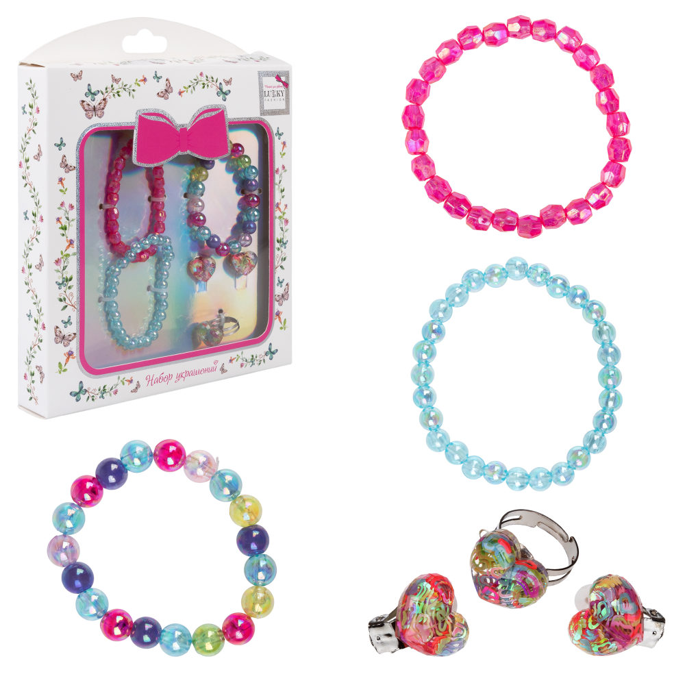 Набор украшений из цветных бусин Lukky Fashion, 3 браслета и клипсы "Сердечко"