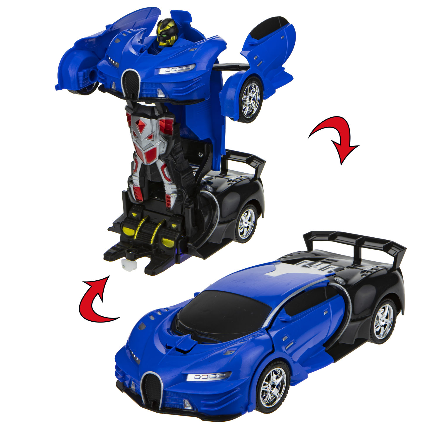 1TOY Трансботы, 1:18 на р/у 27МГц, трансформирующийся в легковую машину 20 см,, 2 цветра синий, красно-черный