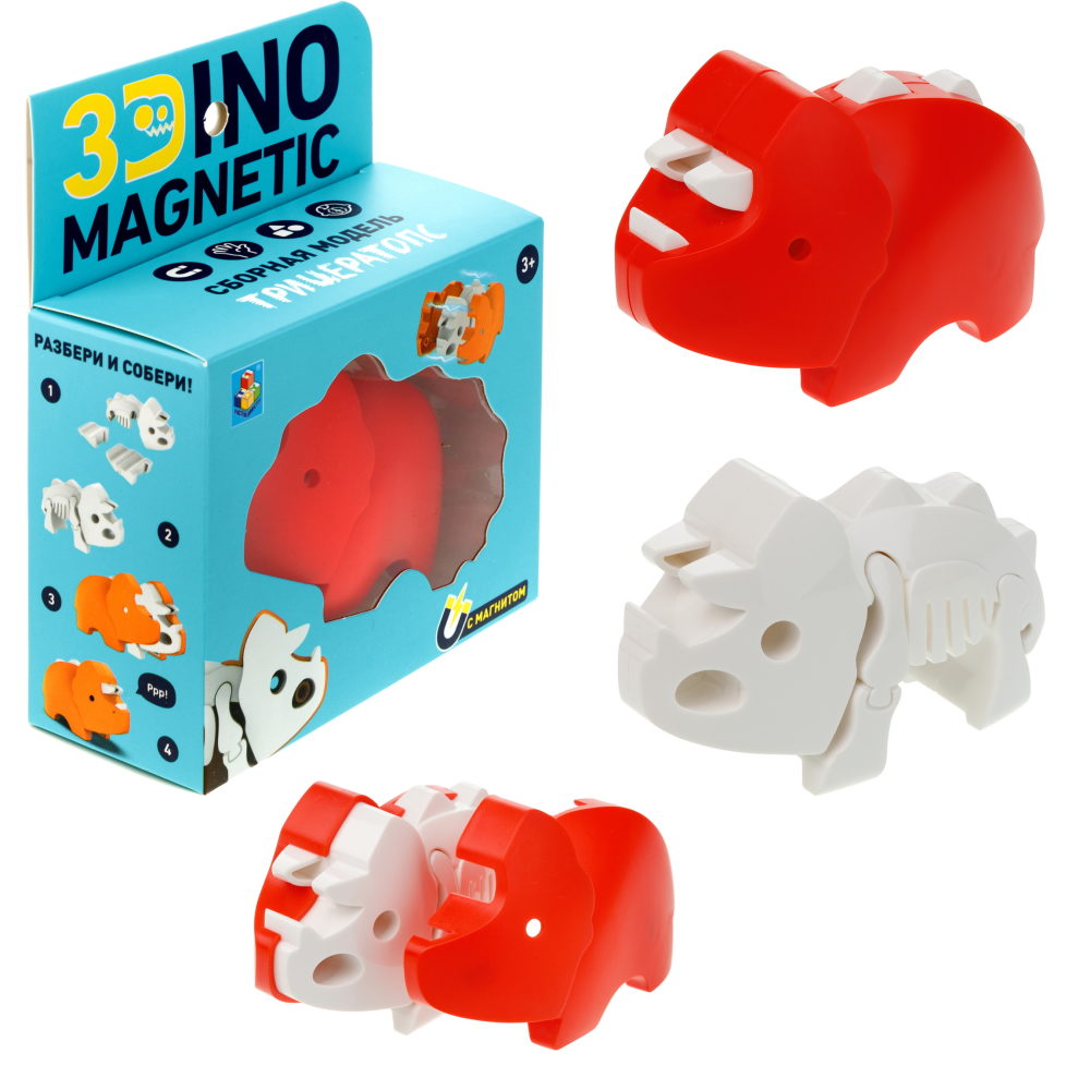 Игрушка динозавр 1TOY 3Dino Magnetic Трицератопс, сборный, с магнитом, для развития моторики и сил рук, цвет красный