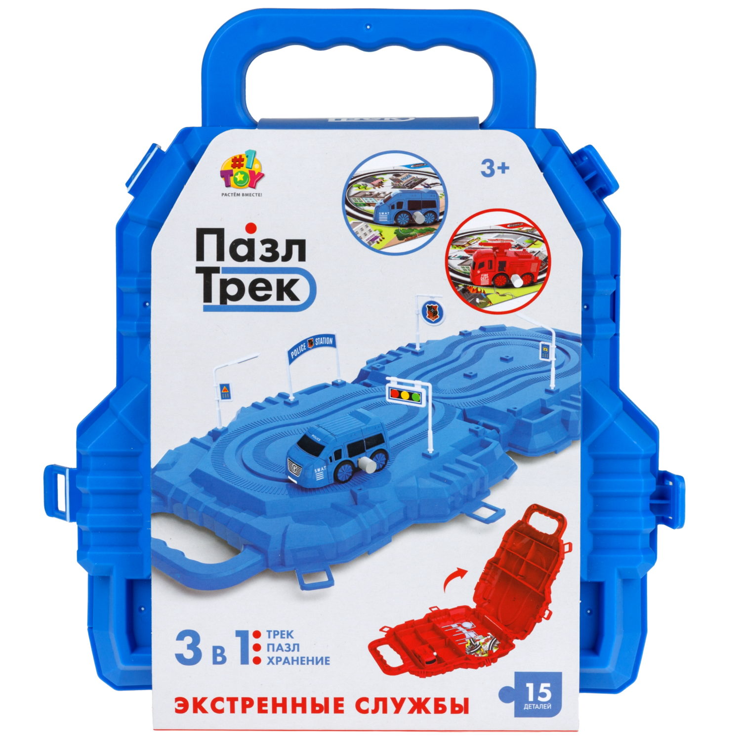 1toy игровой набор пазл-трек "Экстренные службы" с машинкой, 2 вида, в контейнере, 15 деталей