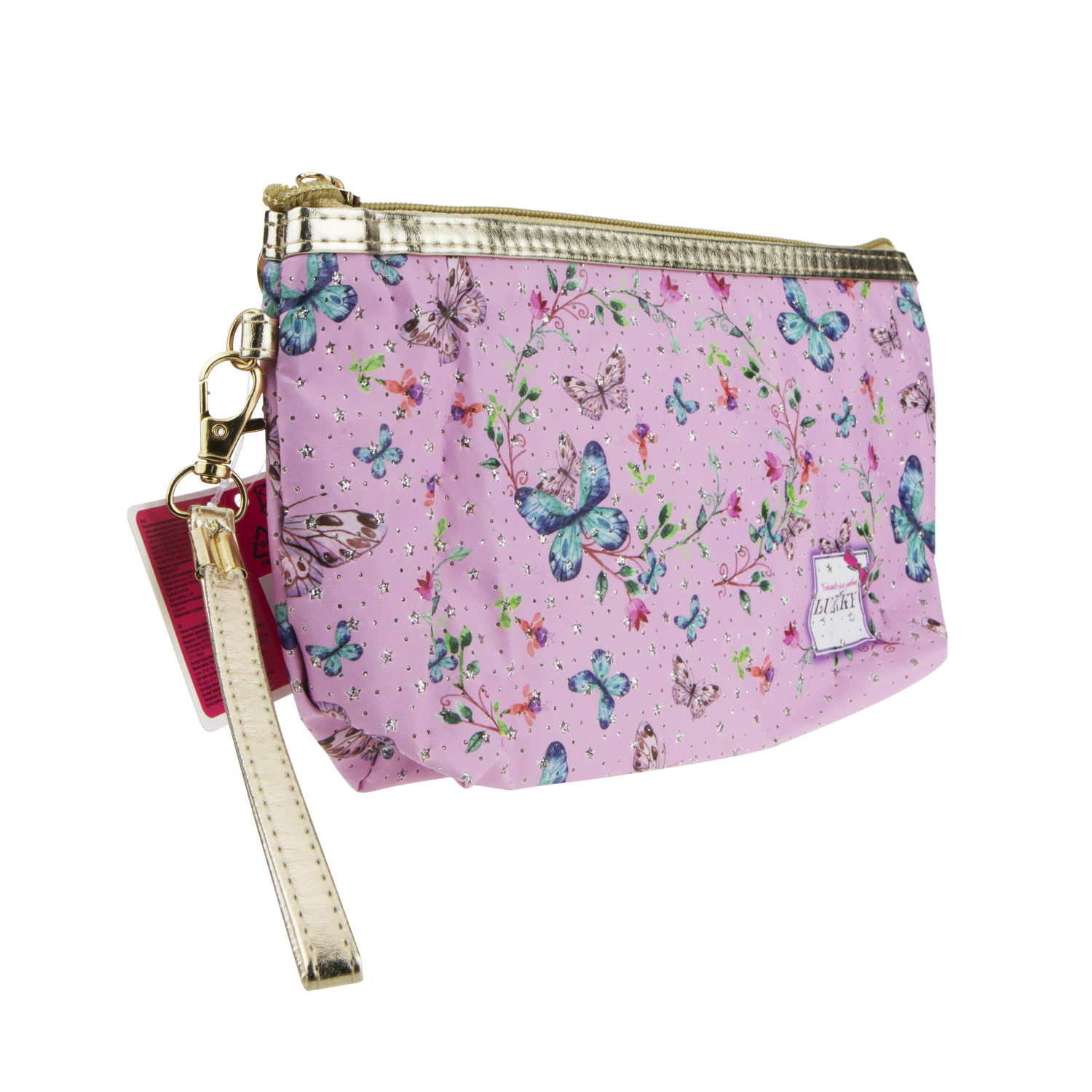 Косметичка LUKKY розовая с принтом и блёстками, 24х7 см