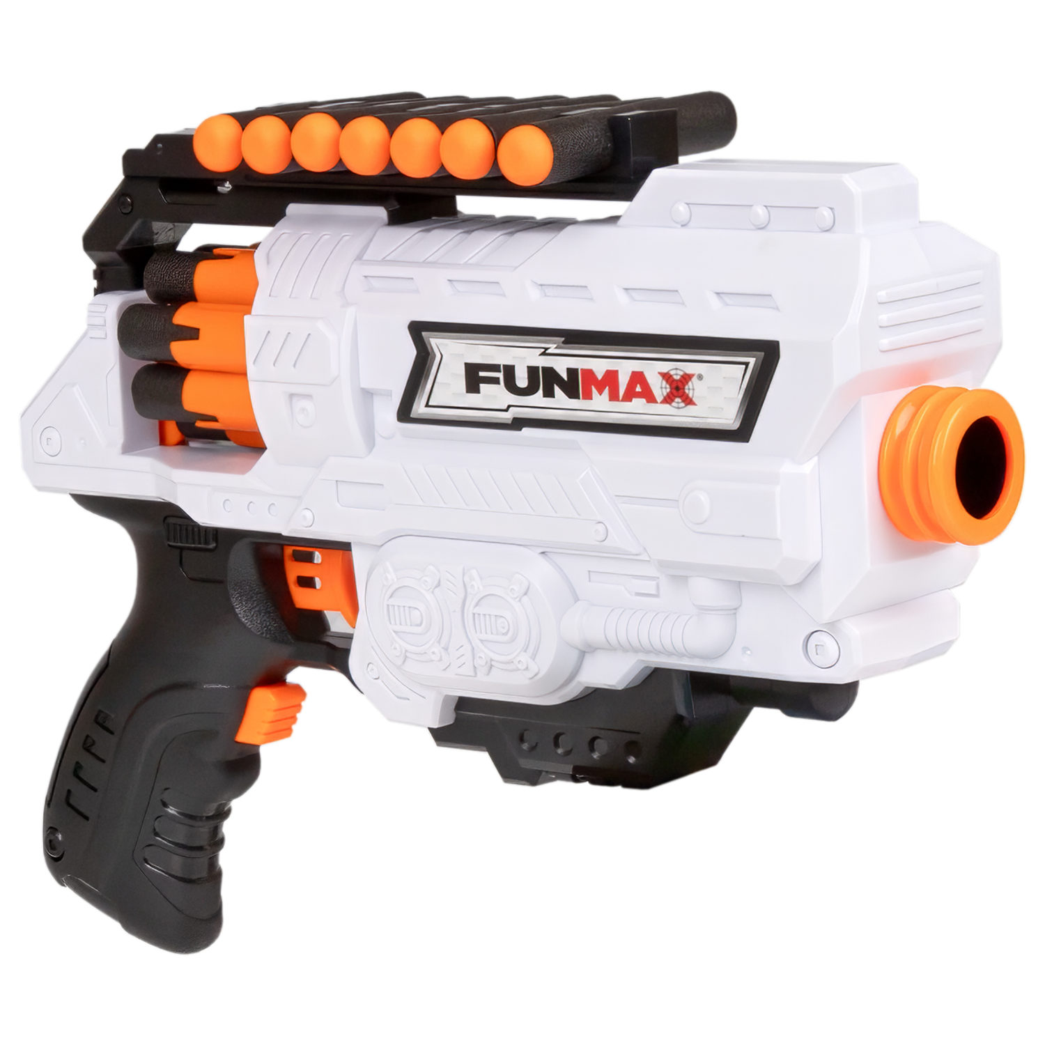 1TOY Funmax "A51" бластер электрический, барабан на 6 выстрелов, в комплекте 16 EVA снарядов, белый
