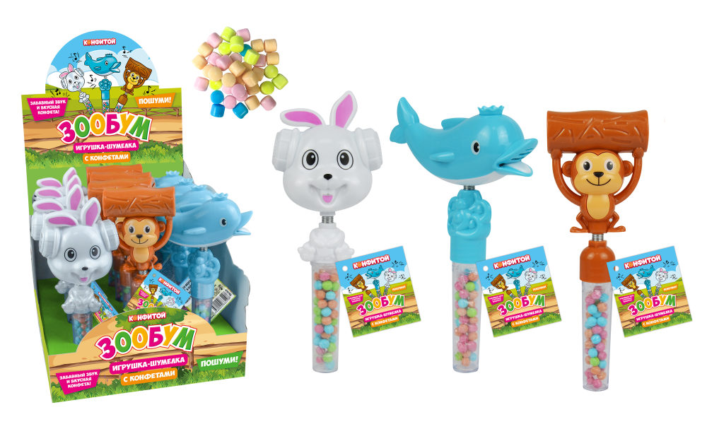 ЗООБУМ игрушка-шумелка с конфетами, блок 12 шт. (8г х 12 х 12)