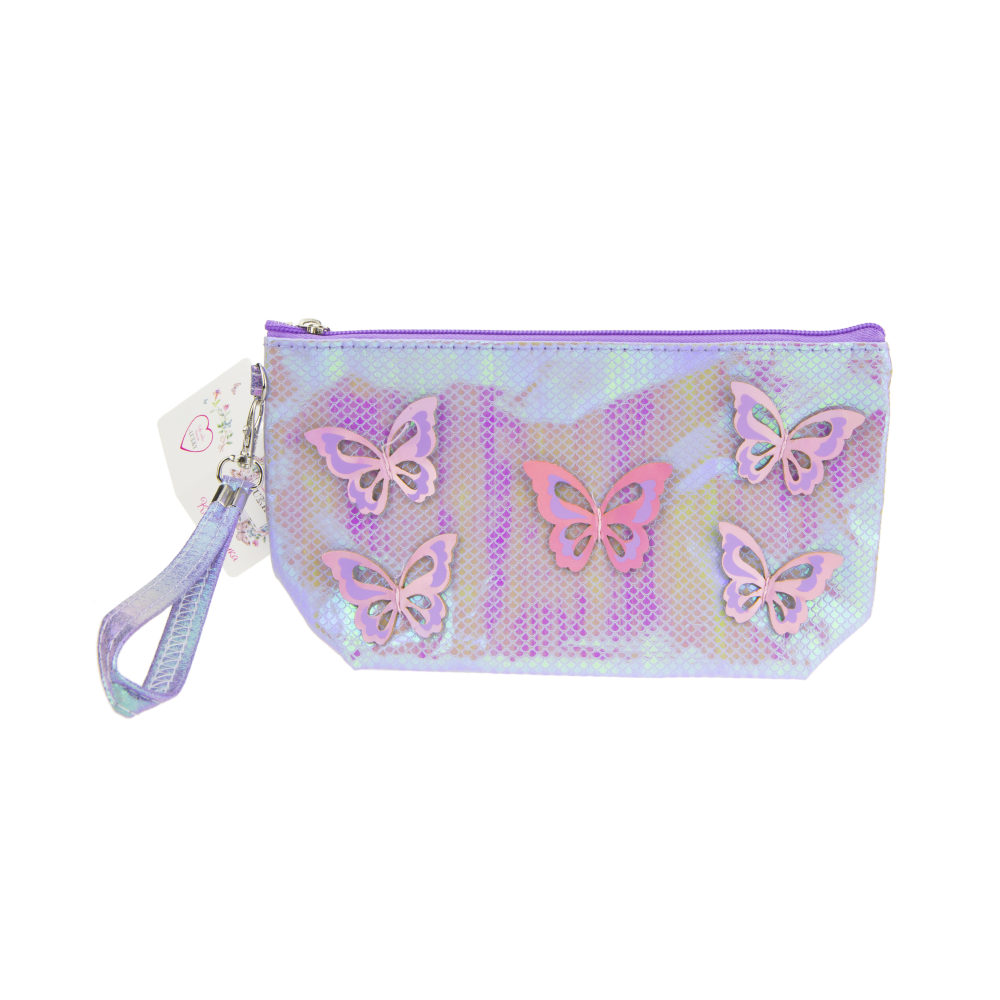 Пенал школьный, косметичка LUKKY для девочек, девушек, фиолетовая с накладными бабочками, с ремешком, 24х13 см