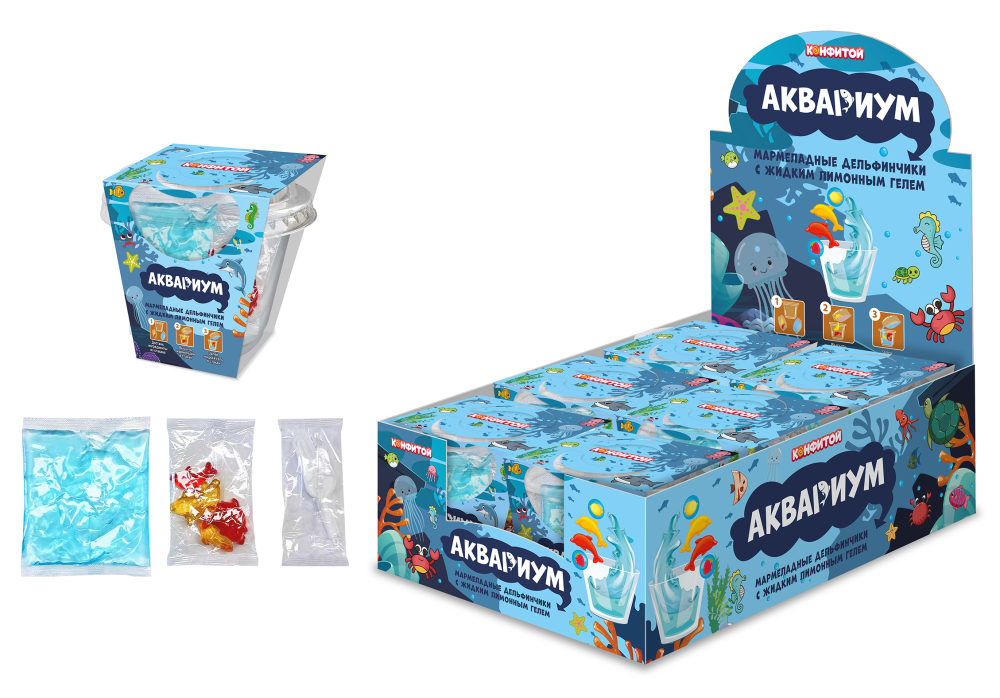 АКВАРИУМ мармеладные дельфинчики с лимонным гелем в стакане, блок 6 шт. (126г x 6 x 12)