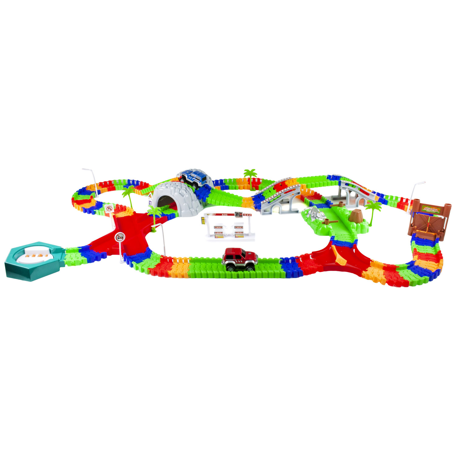 Гибкий трек 1TOY "Большое путешествие" 239 дет.(разворот, пещера, перекресток, 2 машинки, звук).