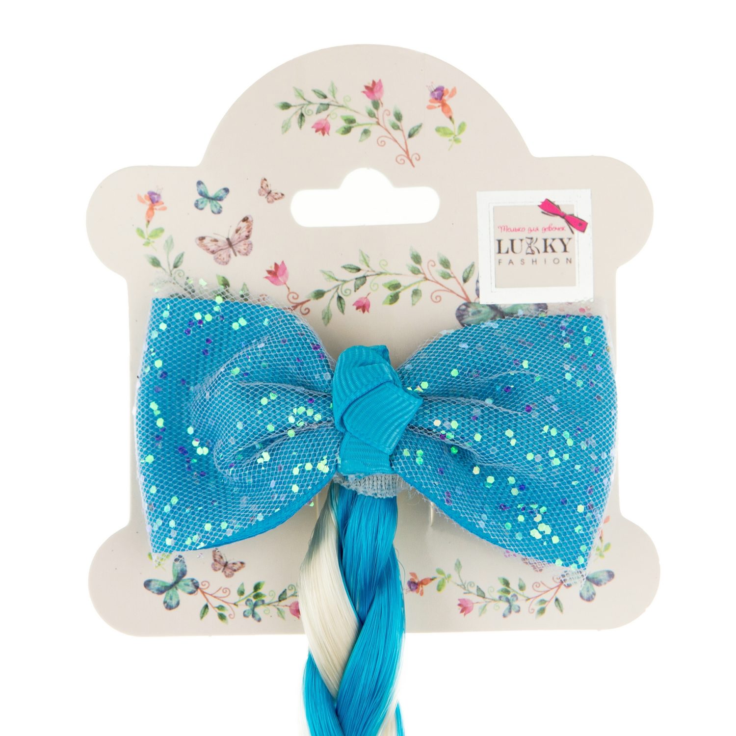 Lukky Fashion накладная коса на заколке с бантом, бело-голубой цвет, 40 см, пакет с подвесом