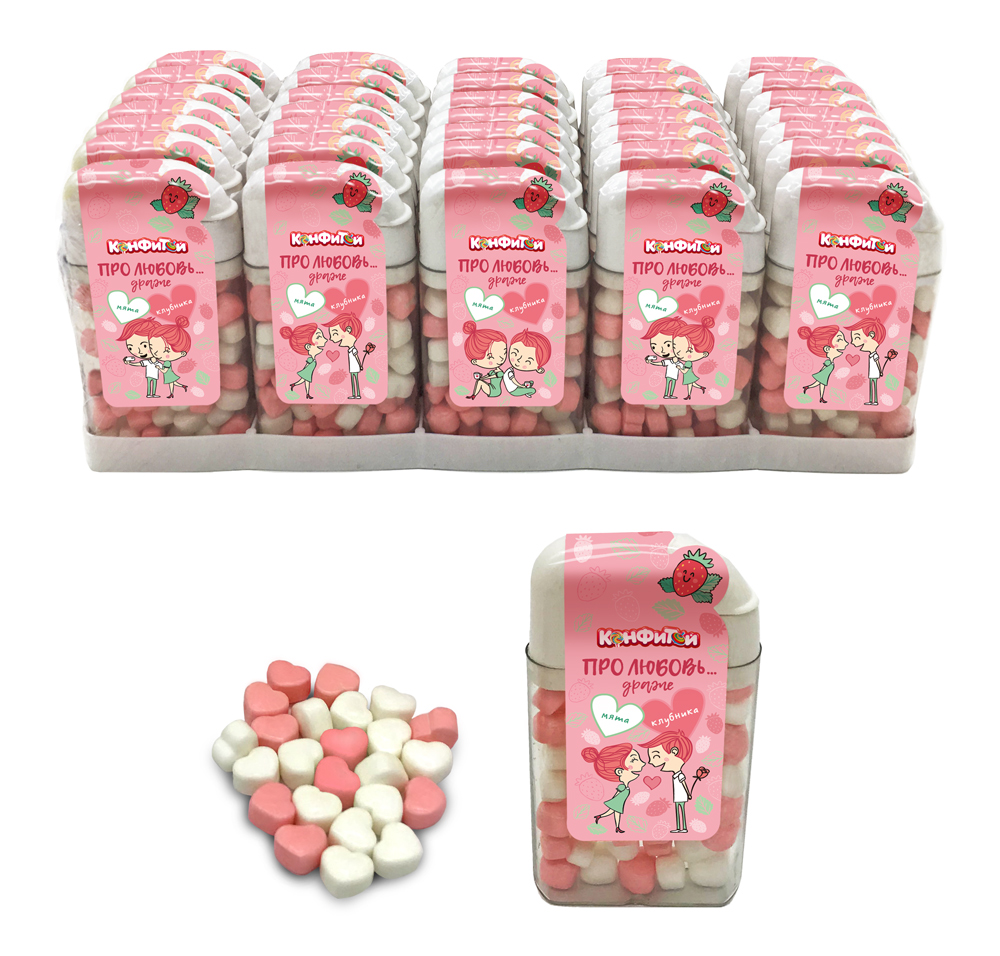 Драже в баночке "СЕРДЕЧКИ" мята+клубника, блок 30шт.