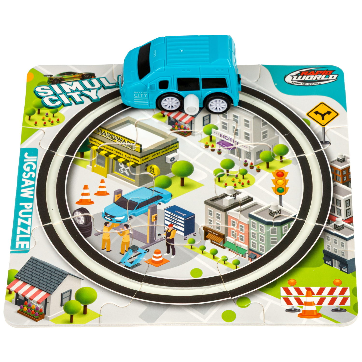 Игровой набор 1TOY Пазл-трек "Мегаполис" с машинкой, 4 вида, 10 деталей