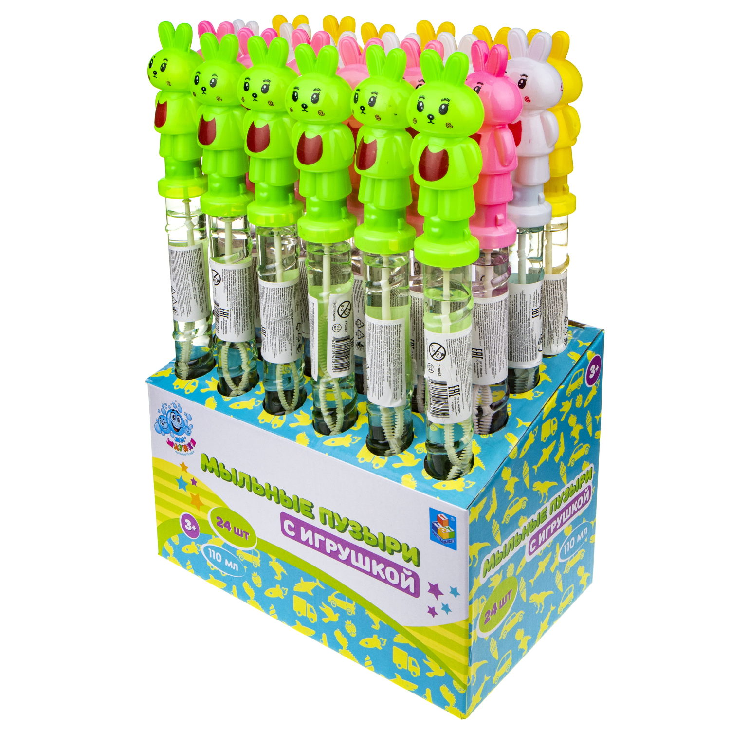 Мыльные пузыри с игрушкой 1TOY Мы-шарики! Кролик, 110 мл, 4 цвета в ассортименте