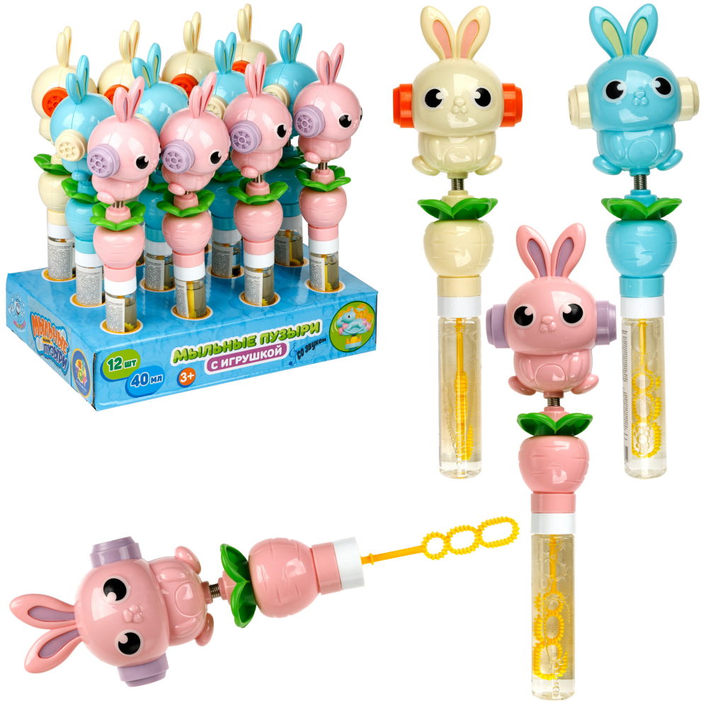 Мыльные пузыри с игрушкой-качалкой 1TOY Мы-шарики! Заяц, 40 мл, 3 цвета в ассортименте