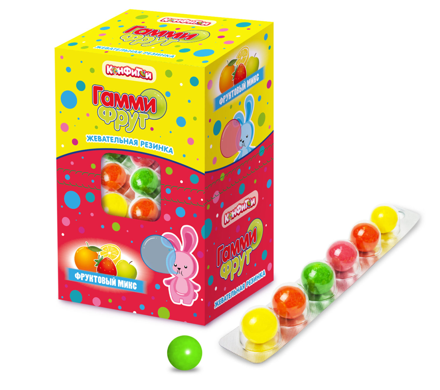 ГАММИ ФРУТ жевательная резинка шарики в блистере, блок 24 шт. (12г х 24 х 10)